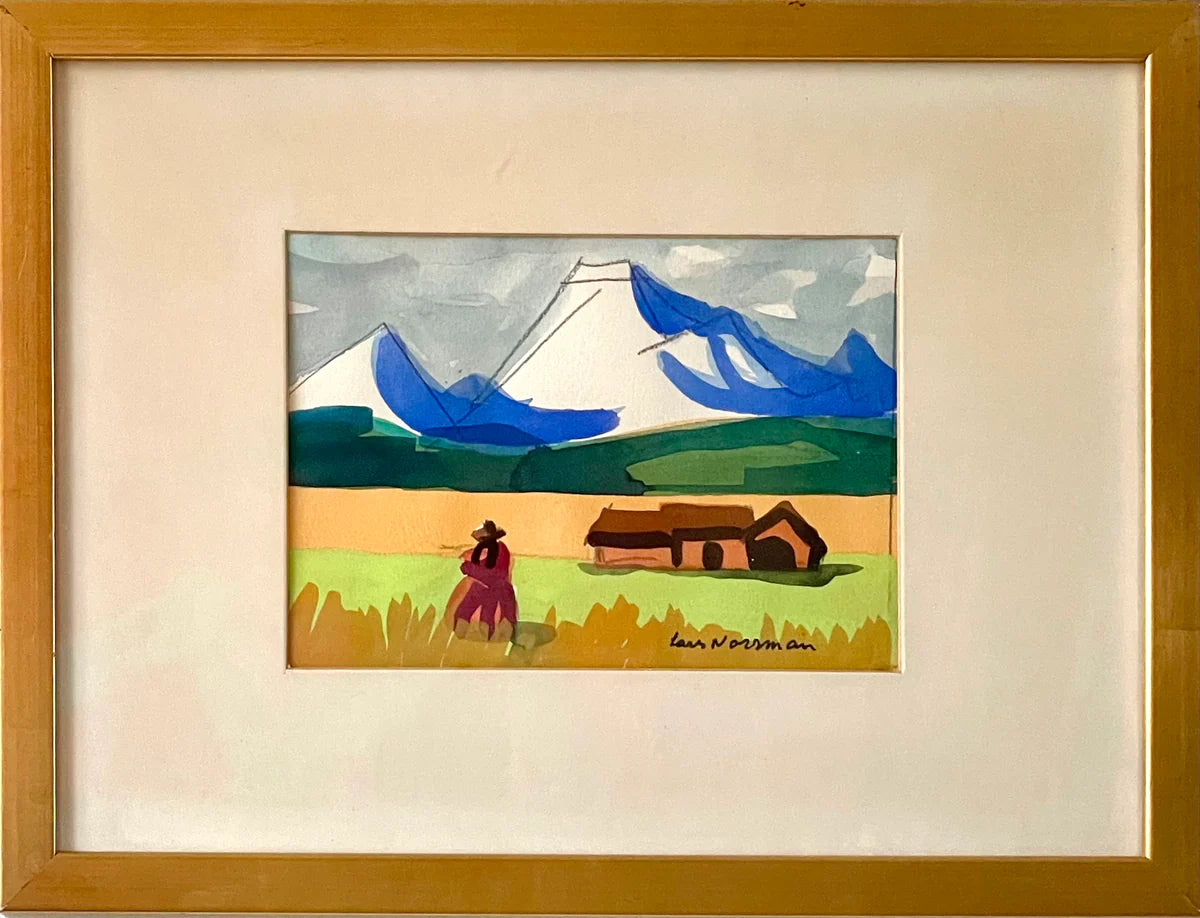 Gouache painting of a South American person under the Andes Mountains