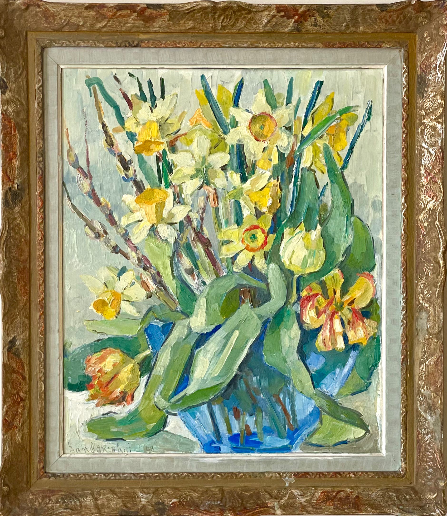 Daffodils and Tulips in a Blue Glass Vase