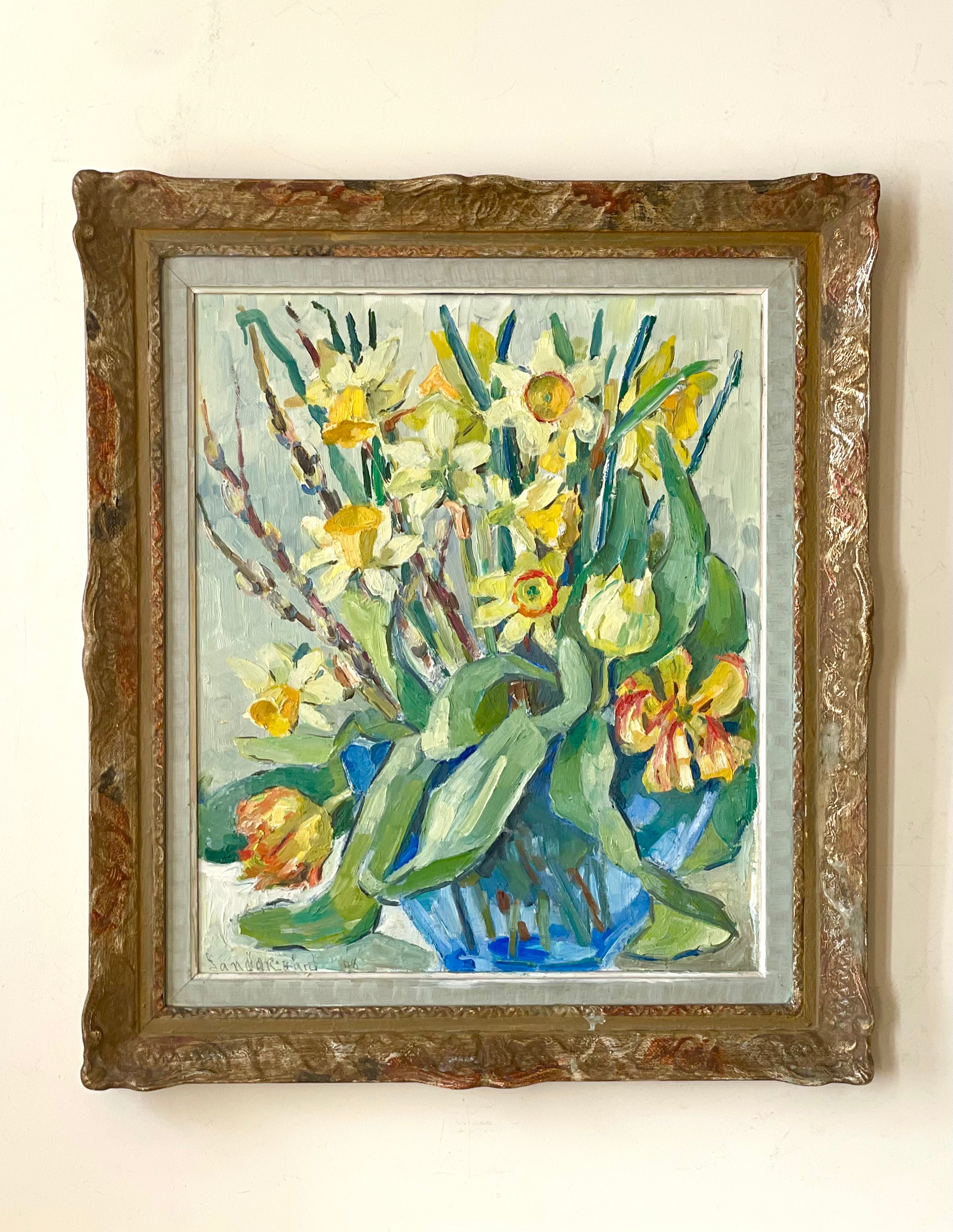 Daffodils and Tulips in a Blue Glass Vase