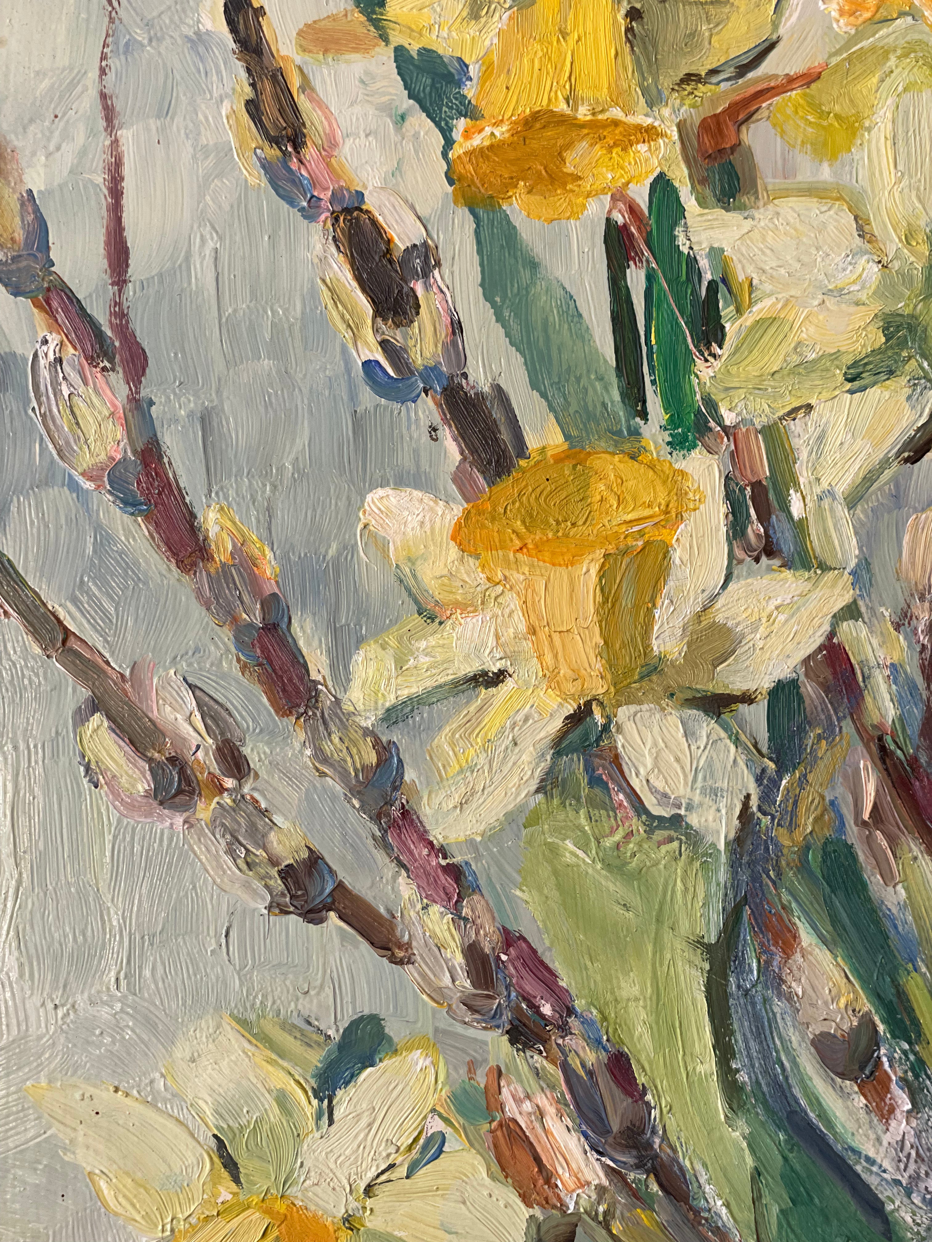 Daffodils and Tulips in a Blue Glass Vase