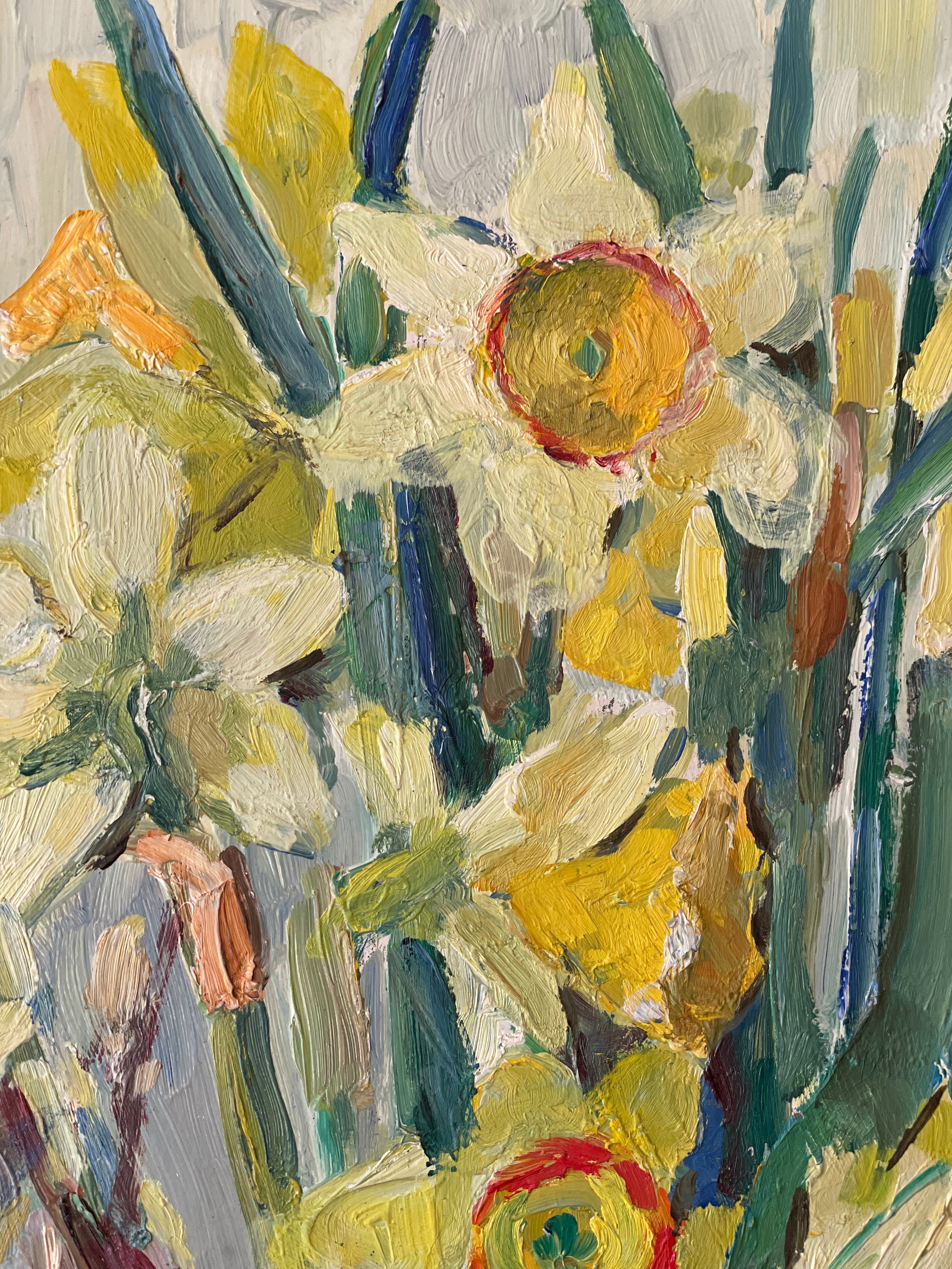 Daffodils and Tulips in a Blue Glass Vase