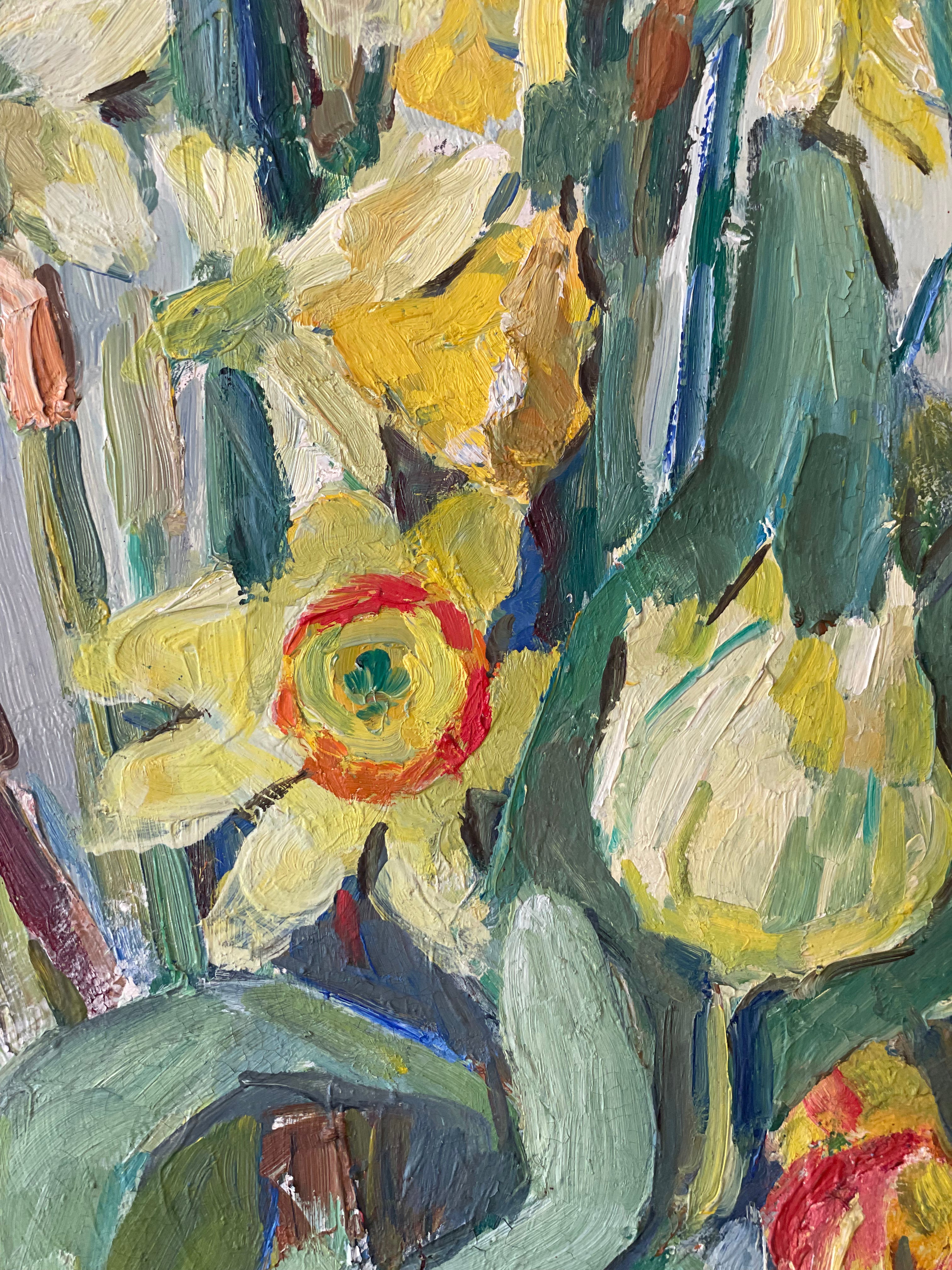 Daffodils and Tulips in a Blue Glass Vase