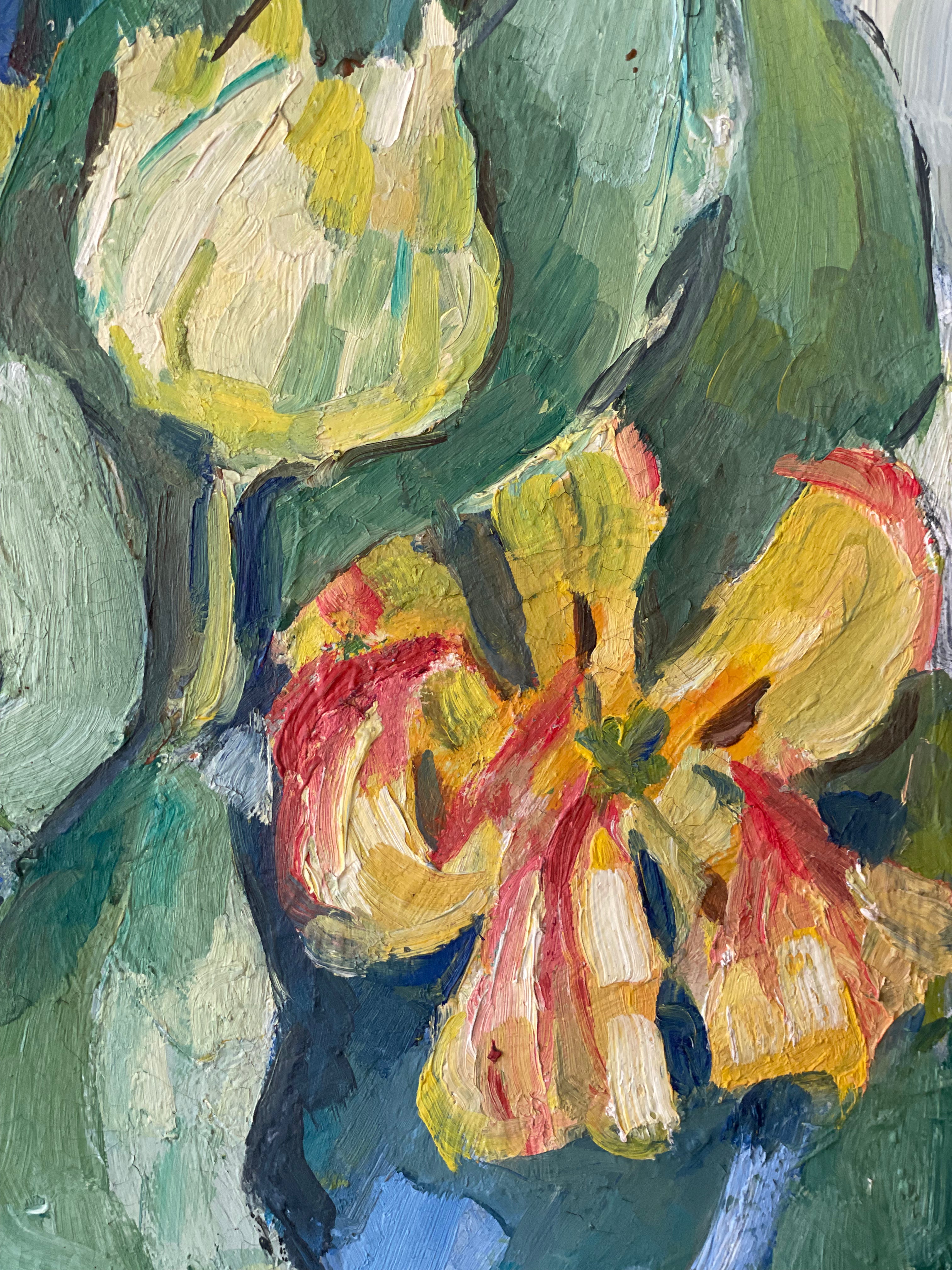 Daffodils and Tulips in a Blue Glass Vase