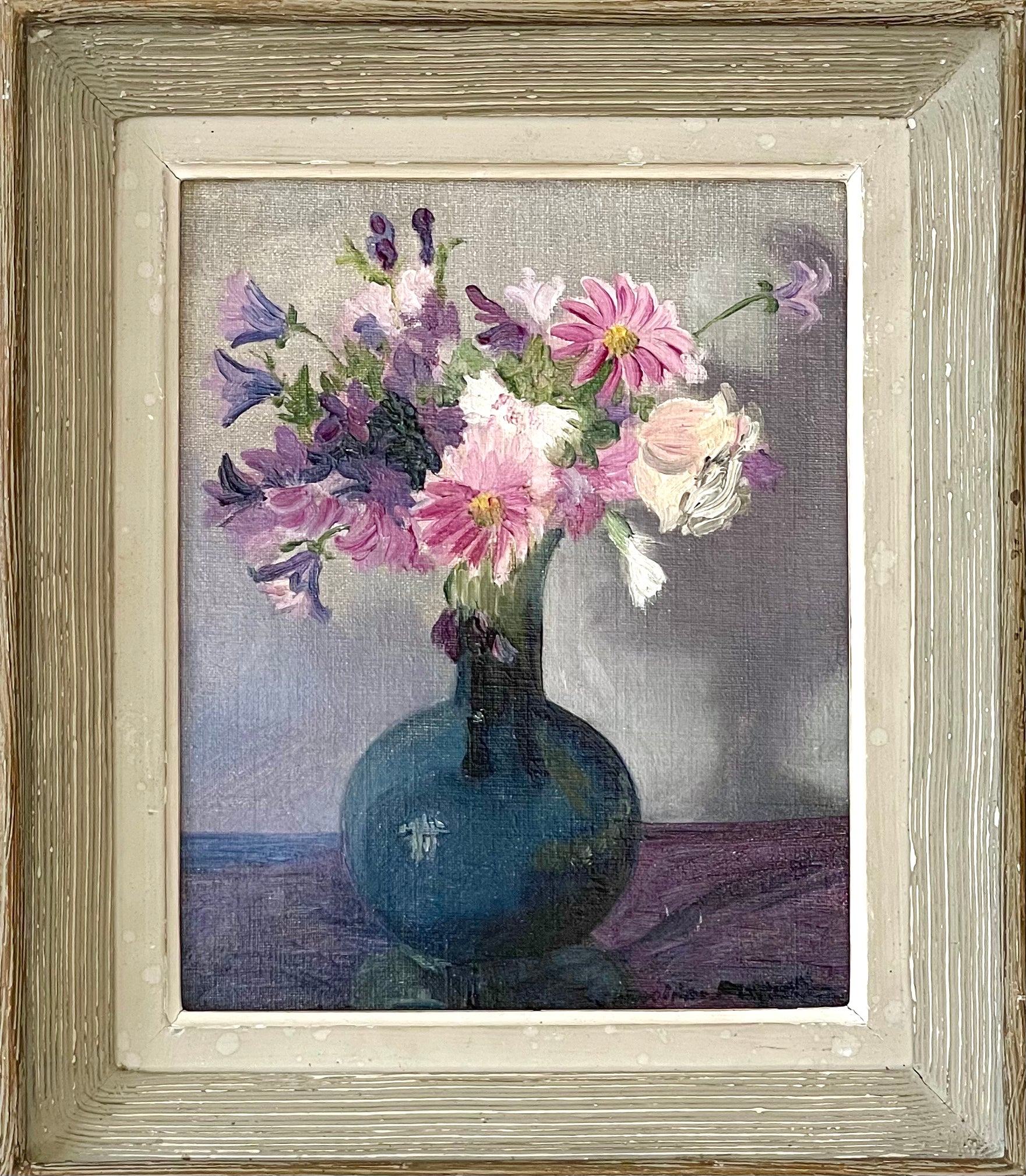 Pink Flowers in Blue Vase