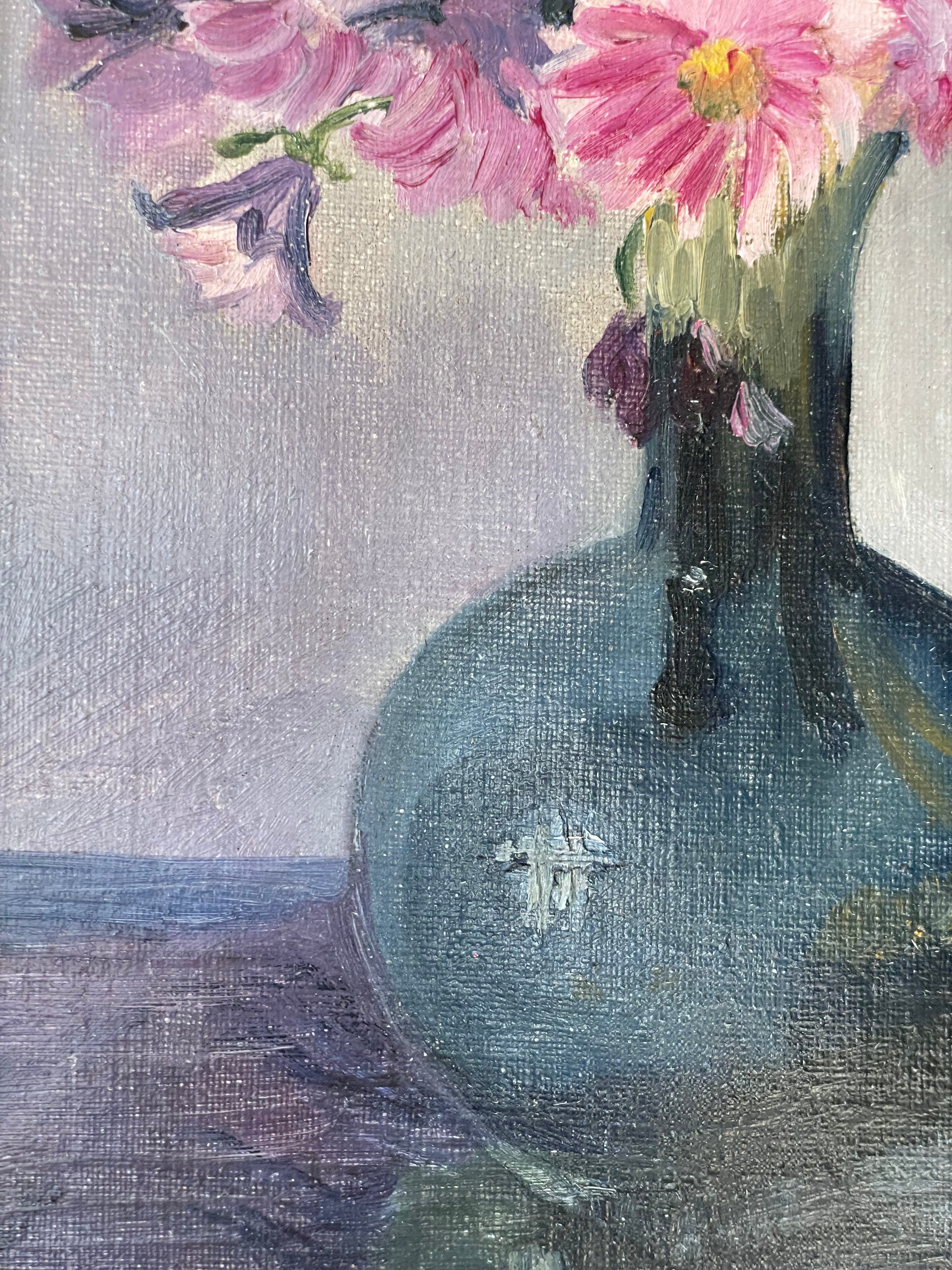 Pink Flowers in Blue Vase