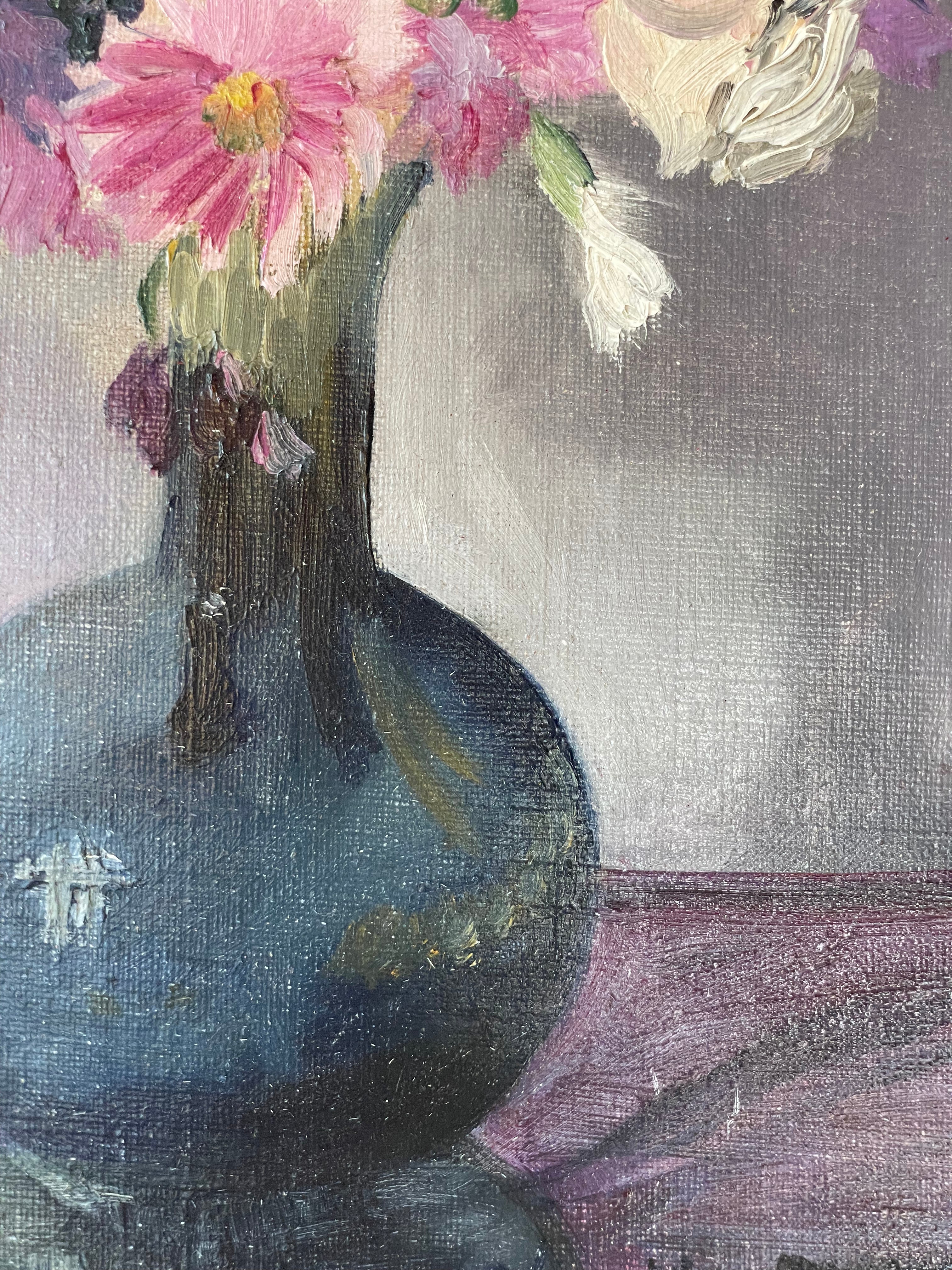 Pink Flowers in Blue Vase