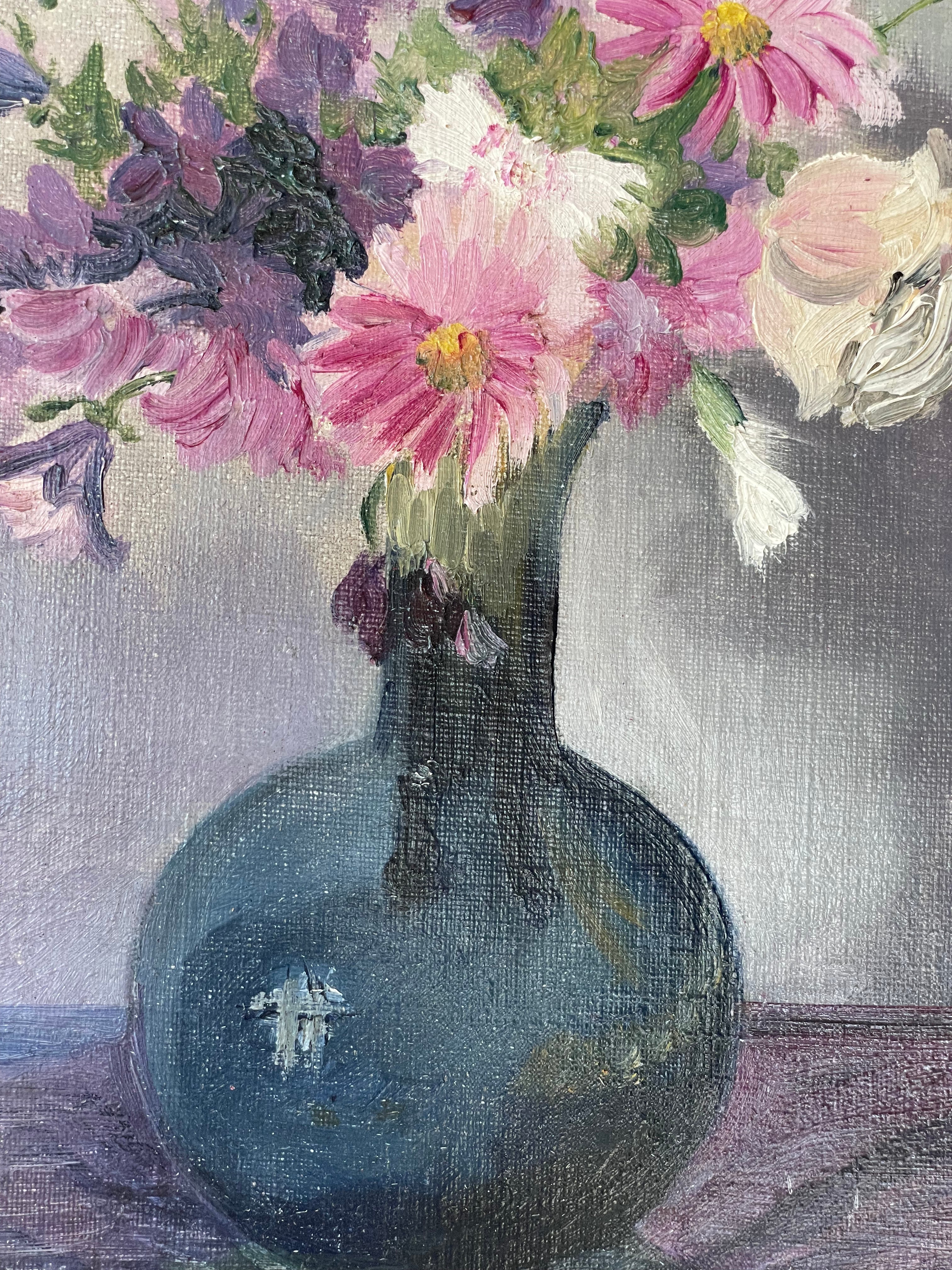 Pink Flowers in Blue Vase