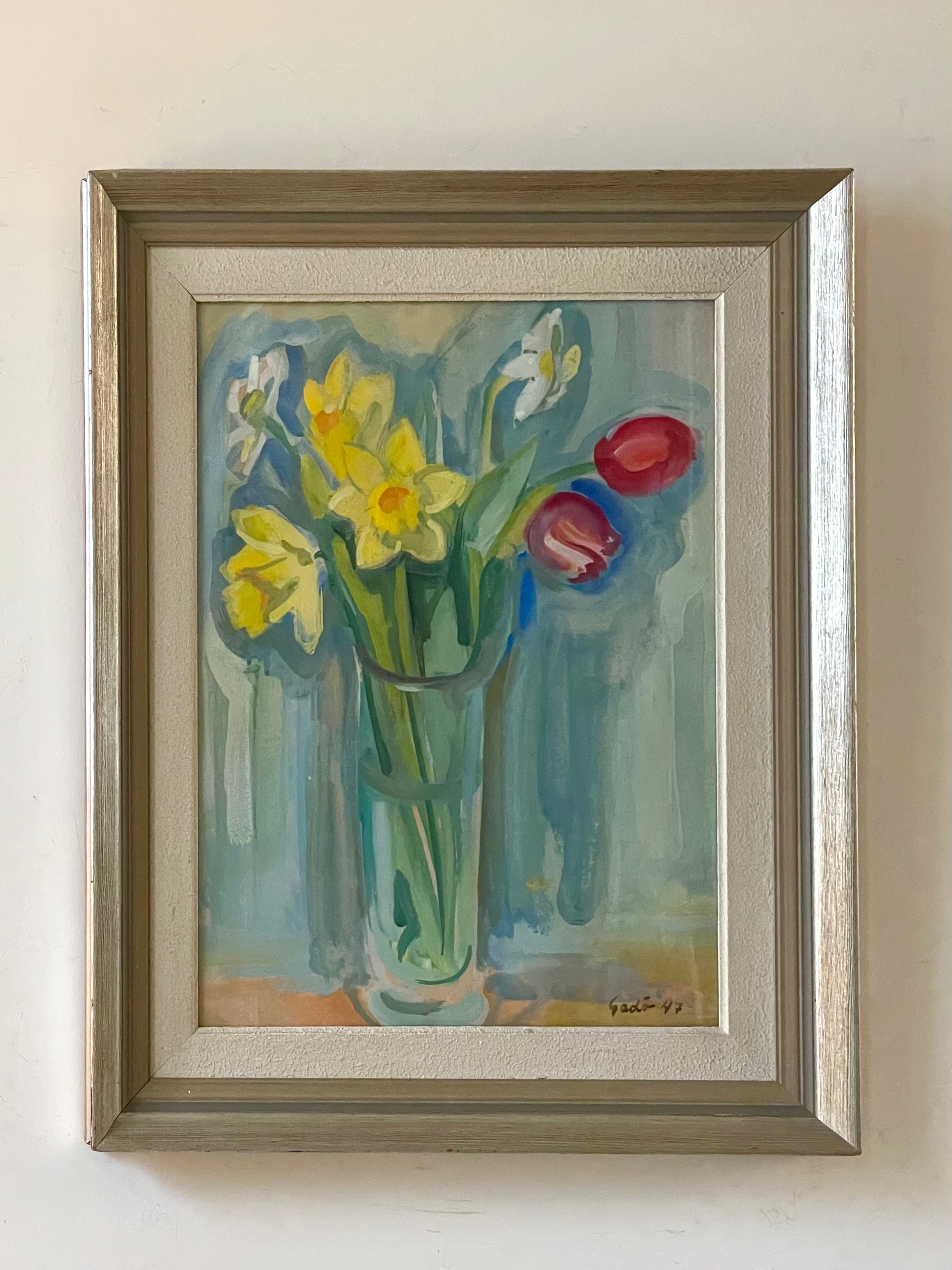 Daffodils and Tulips in a Glass Vase