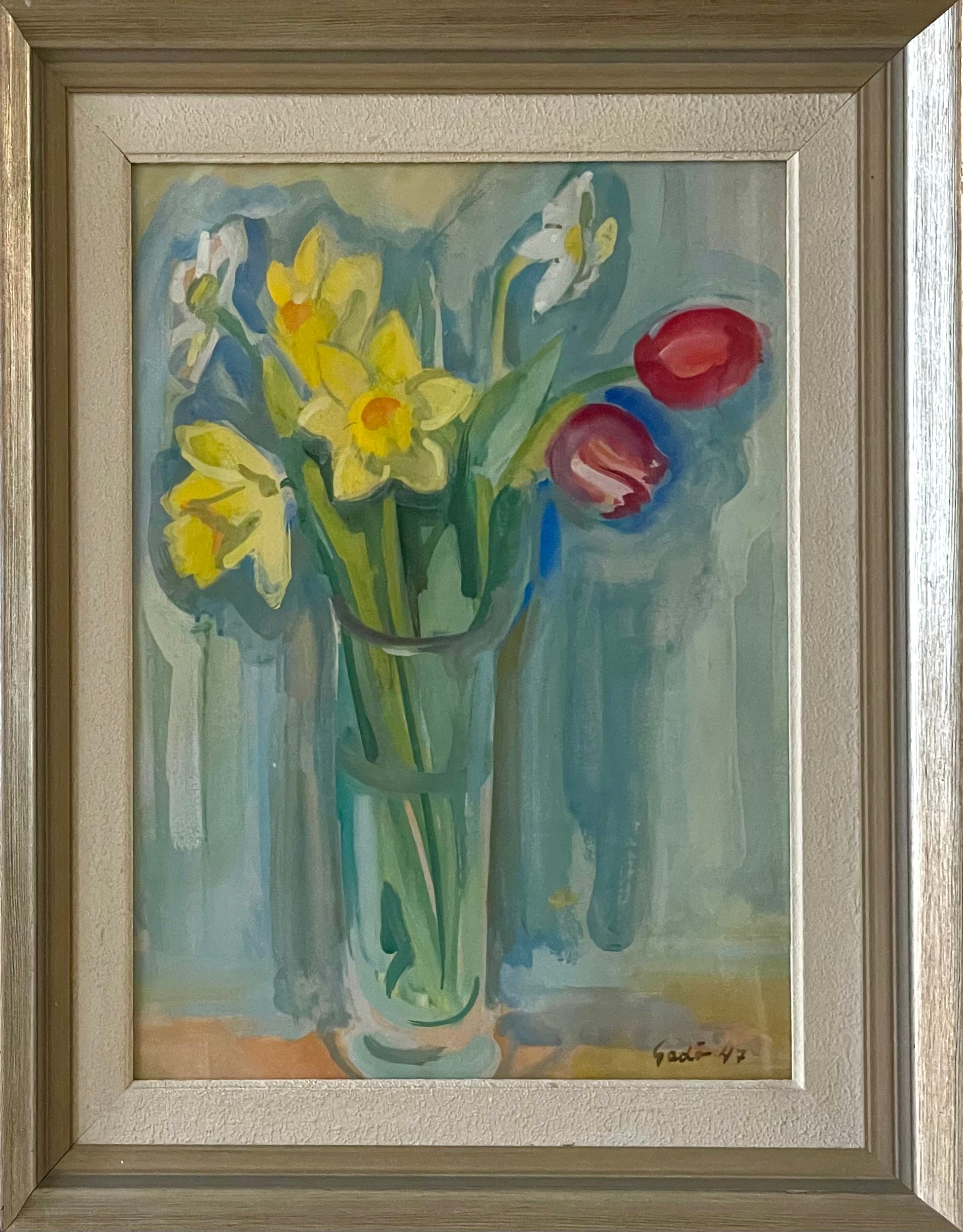 Daffodils and Tulips in a Glass Vase