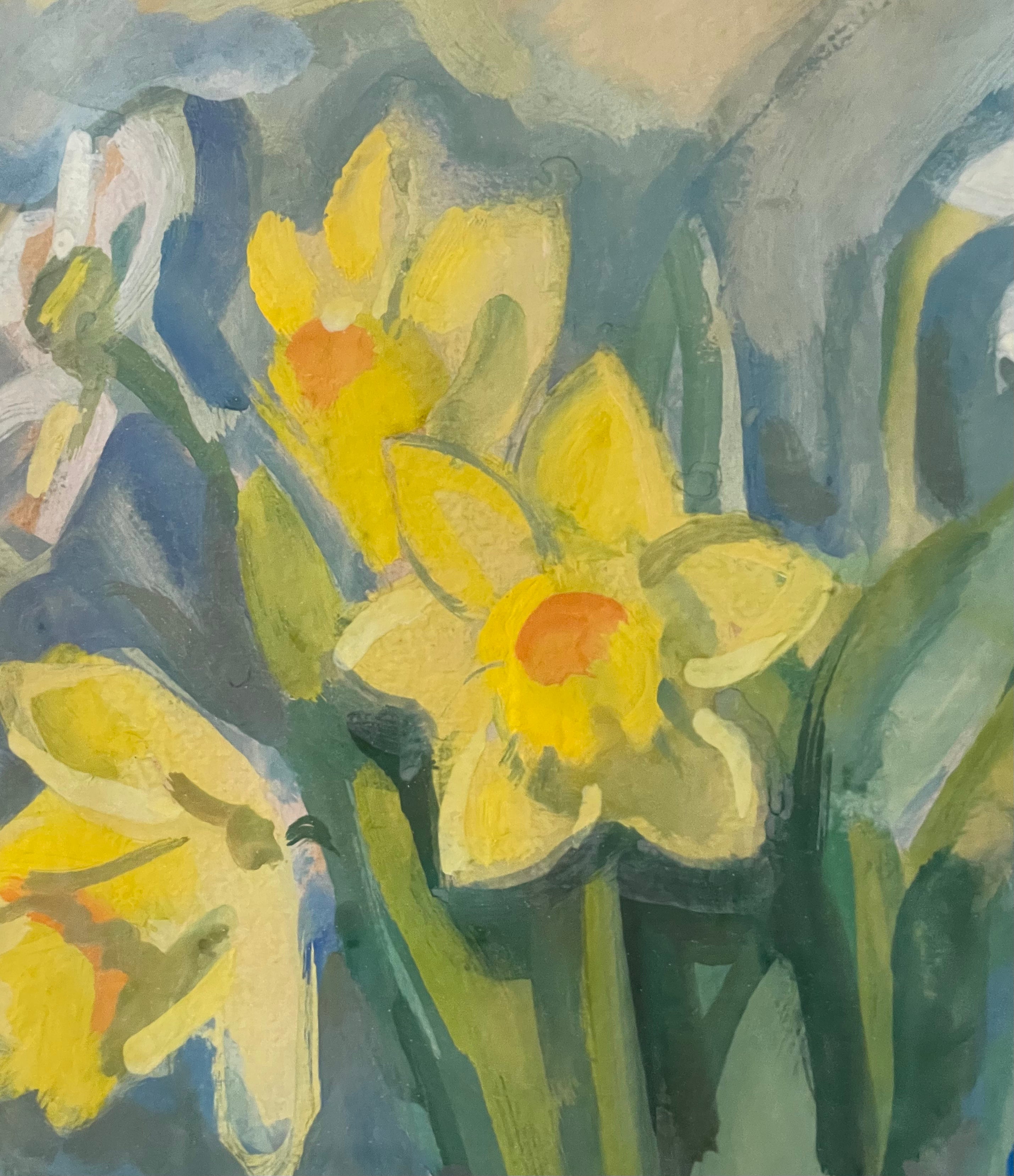 Daffodils and Tulips in a Glass Vase