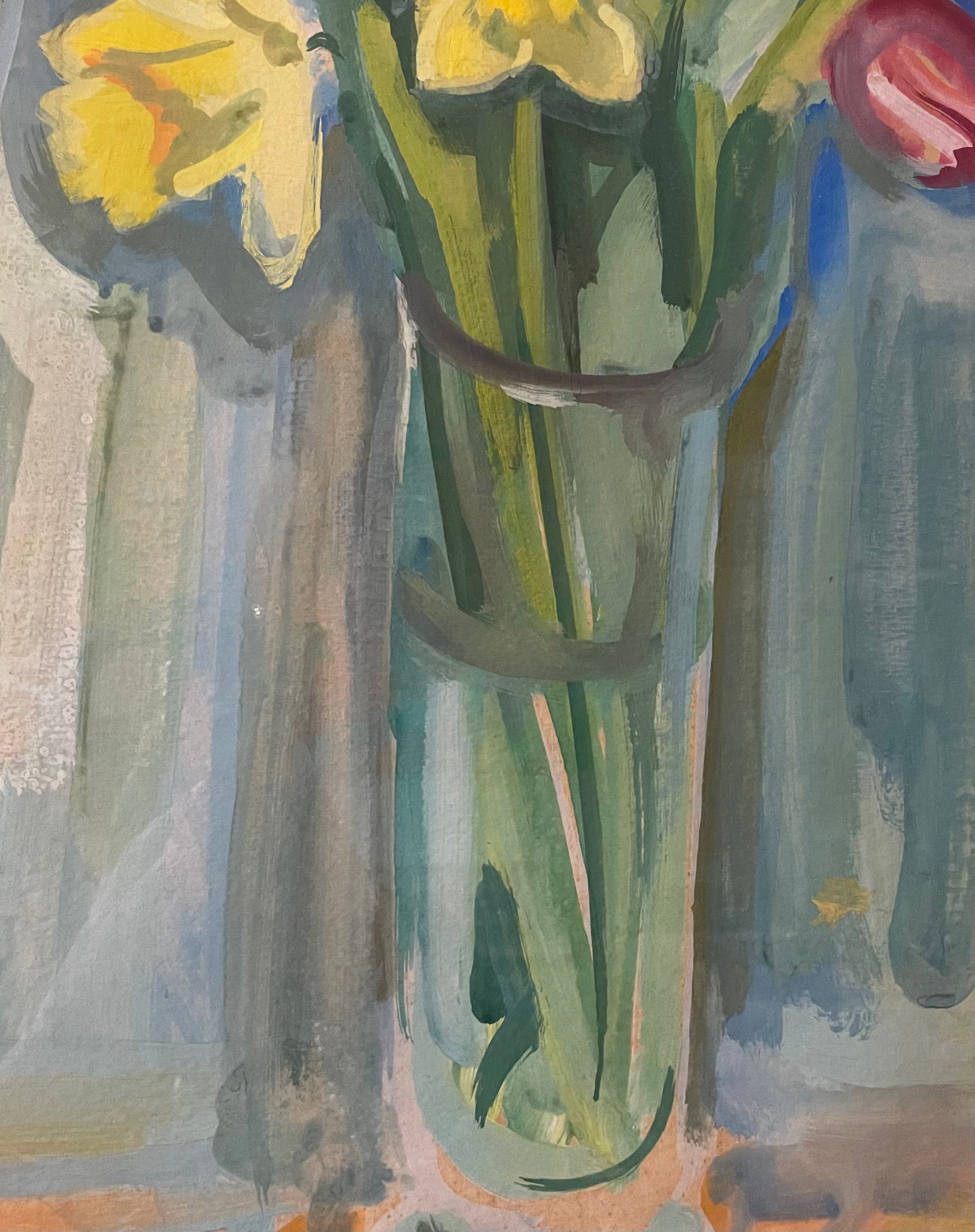 Daffodils and Tulips in a Glass Vase