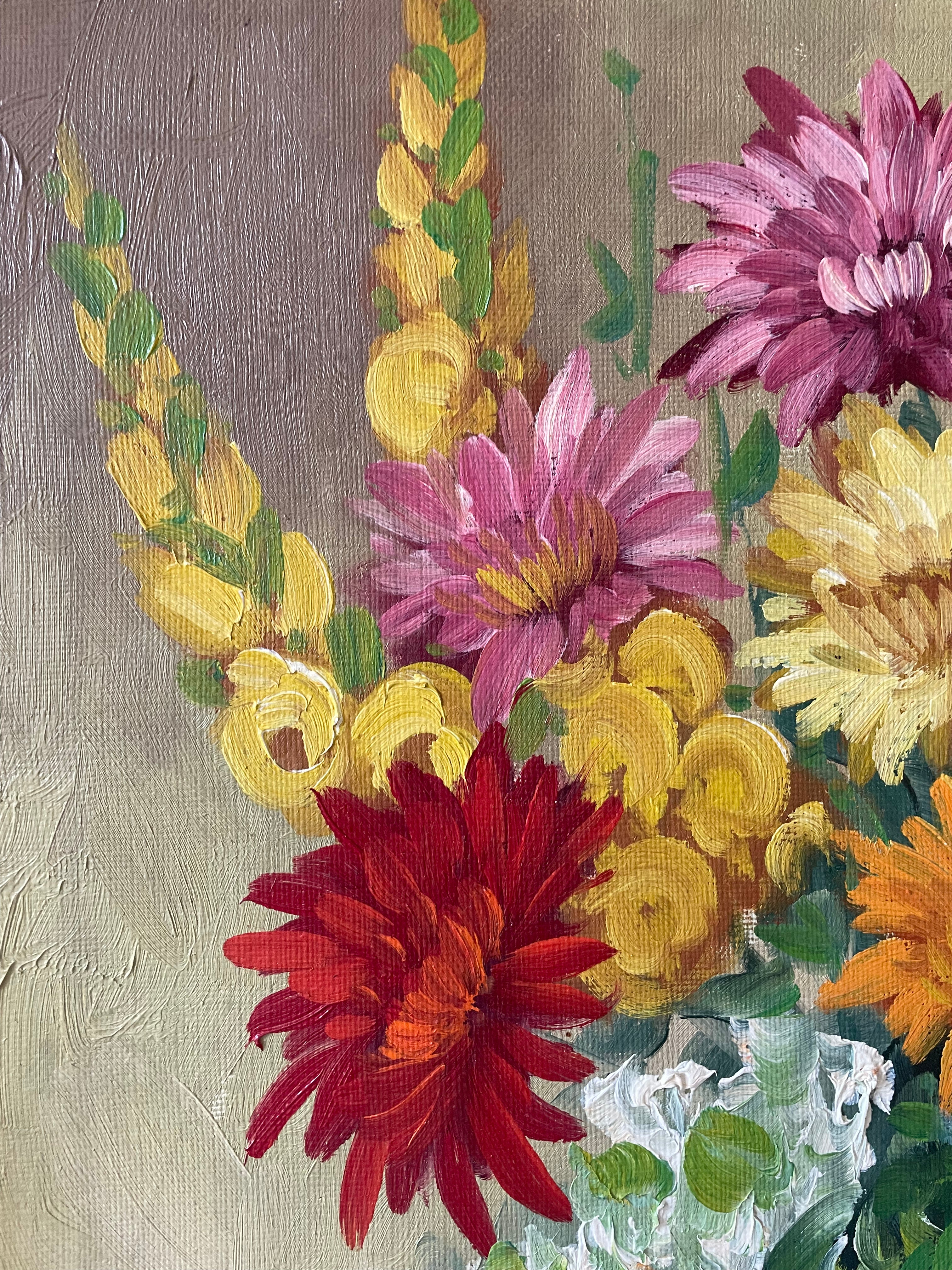 Dahlias in Blue-Green Vase