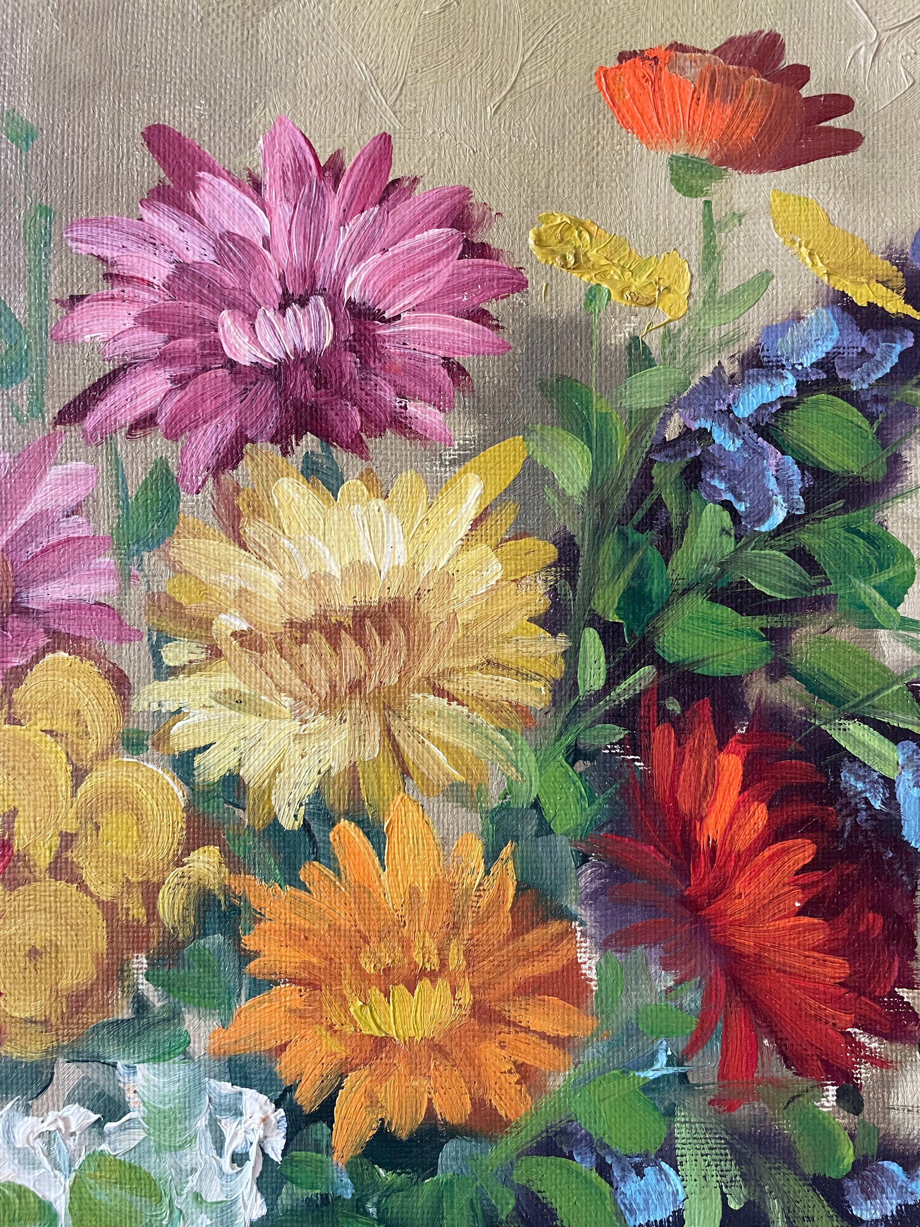 Dahlias in Blue-Green Vase