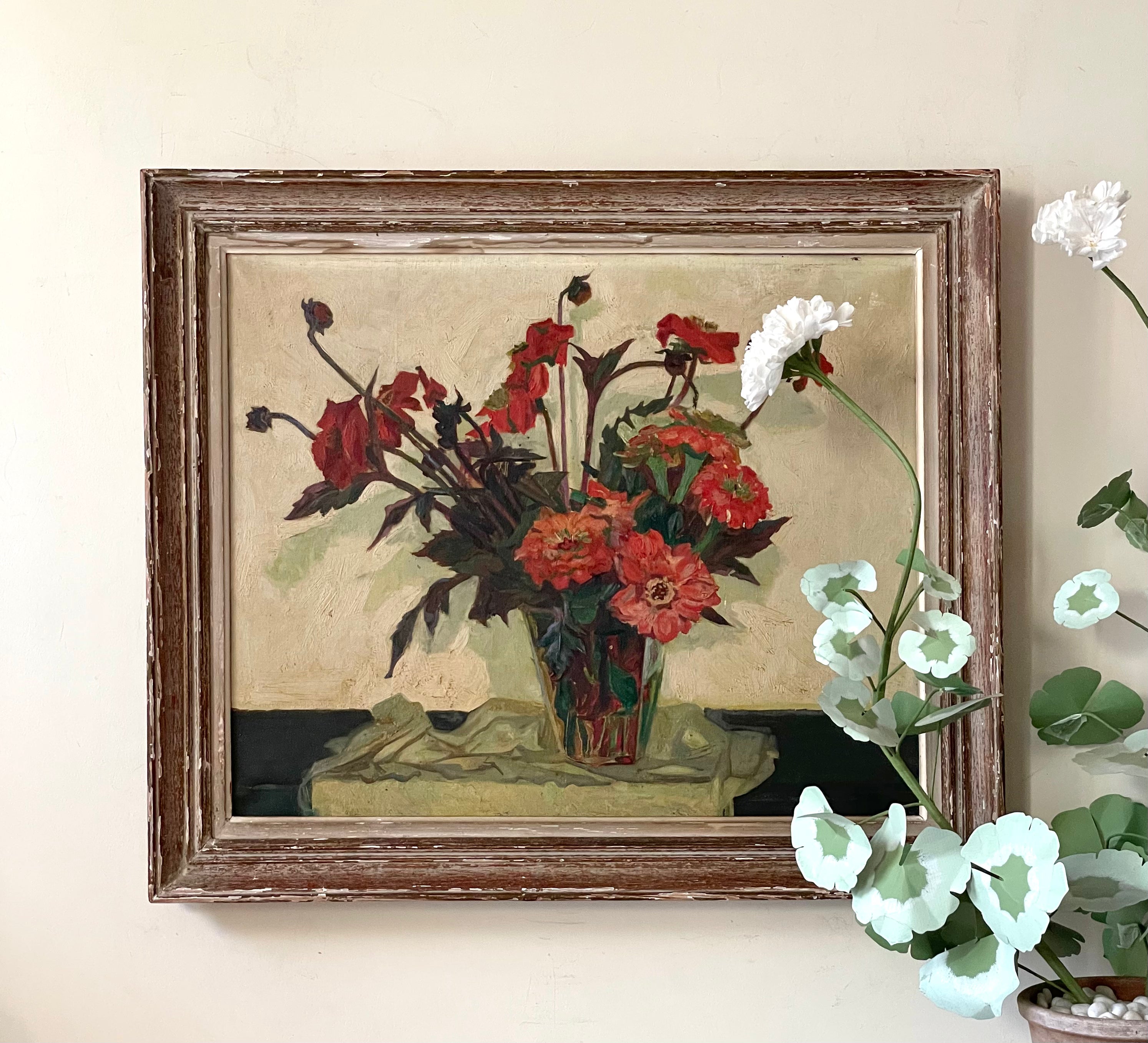 Red Dahlias in a Glass Vase