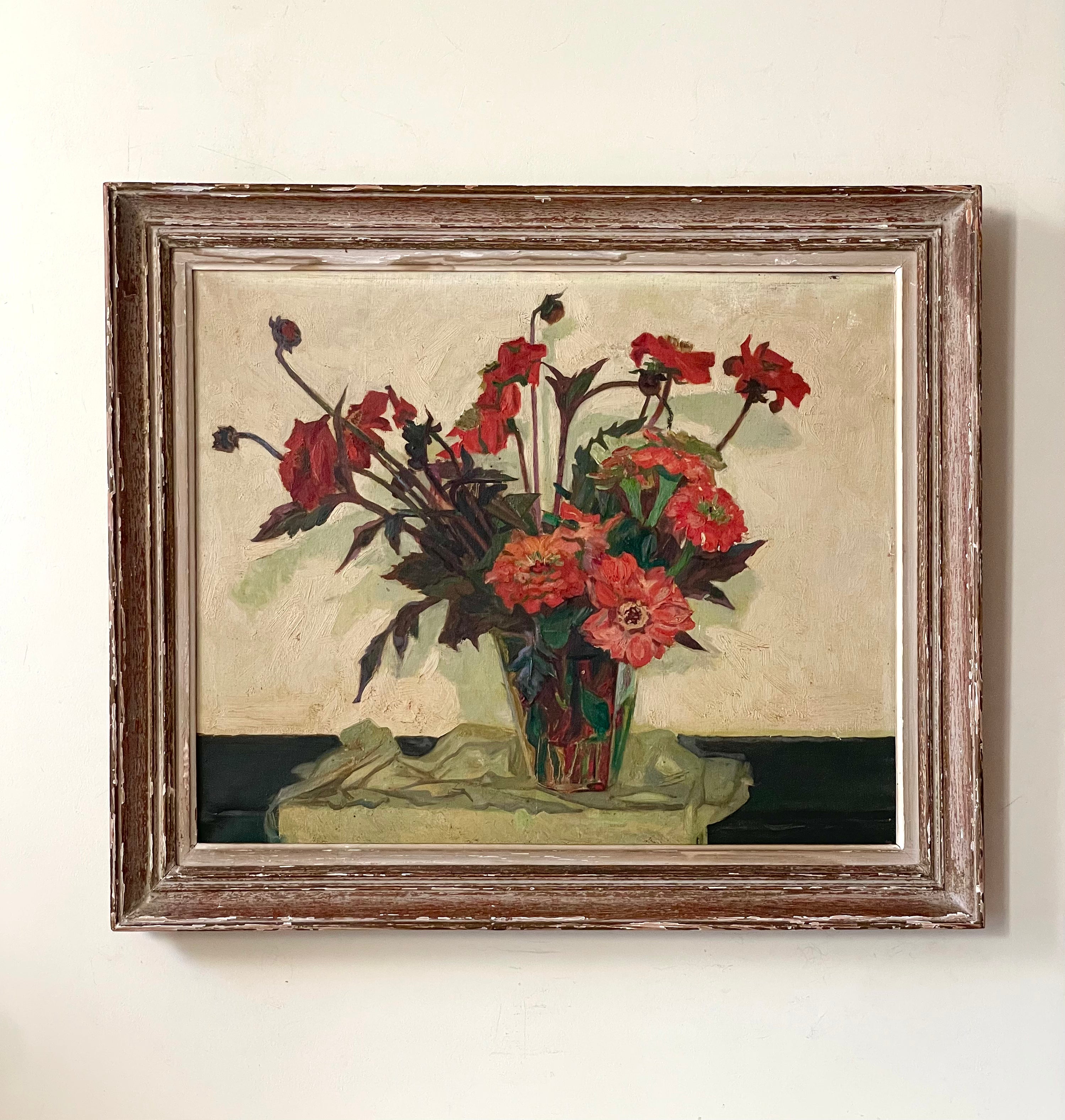 Red Dahlias in a Glass Vase