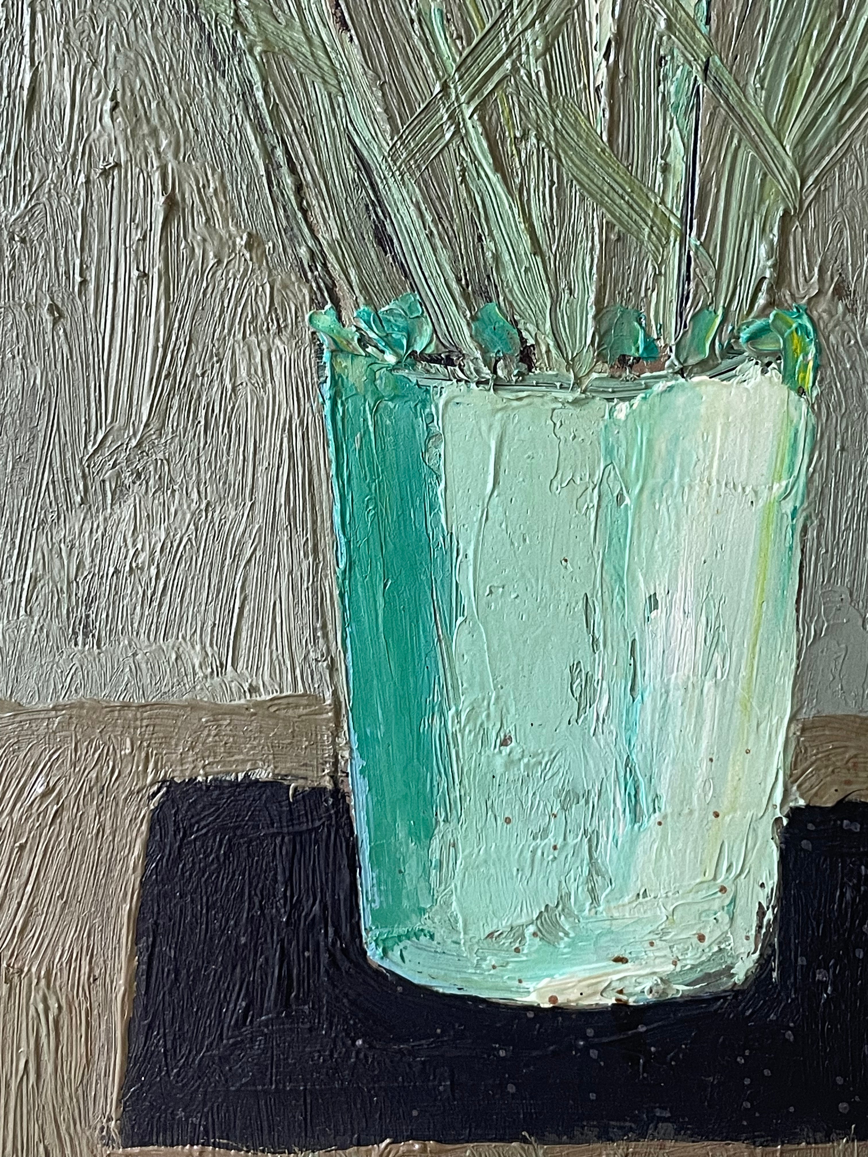 White Flowers in Aqua Blue Vase