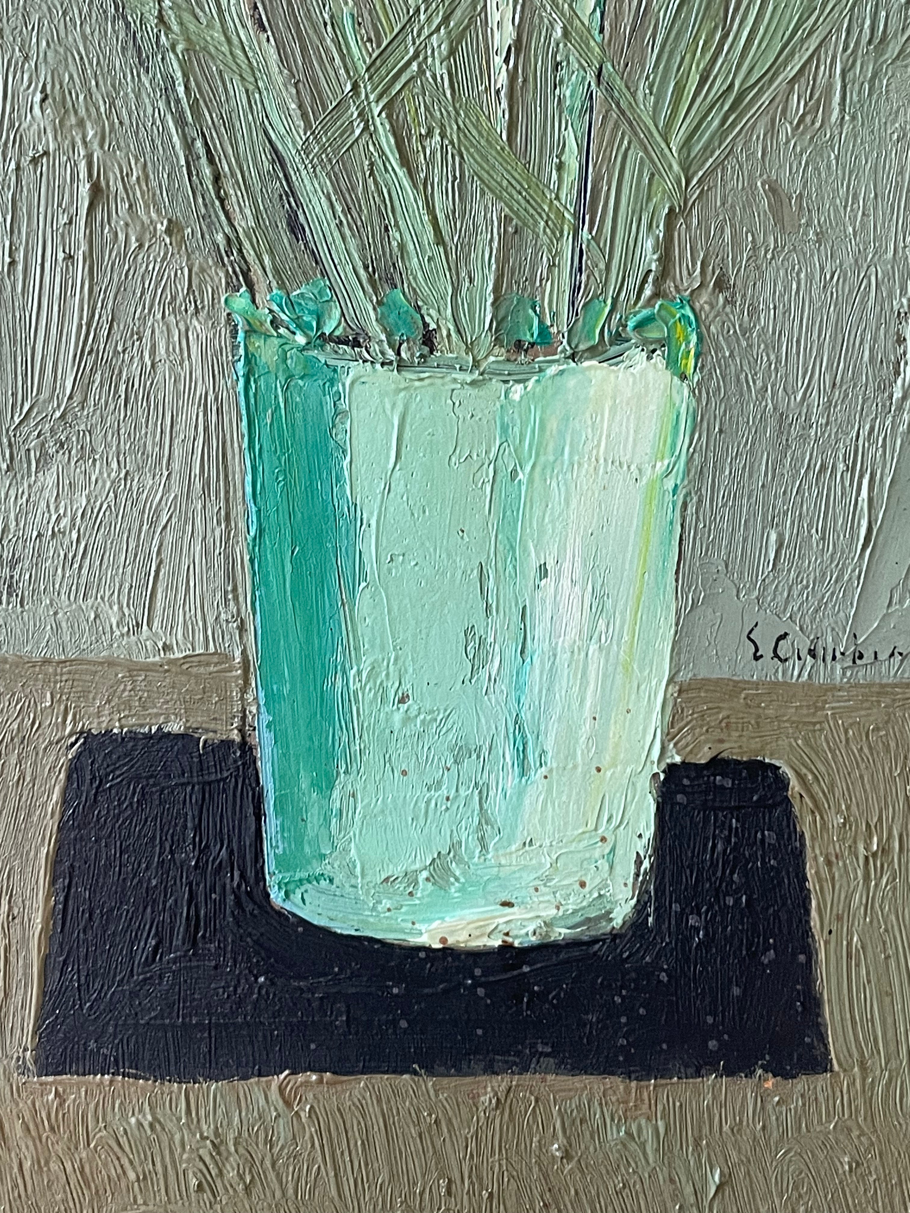 White Flowers in Aqua Blue Vase