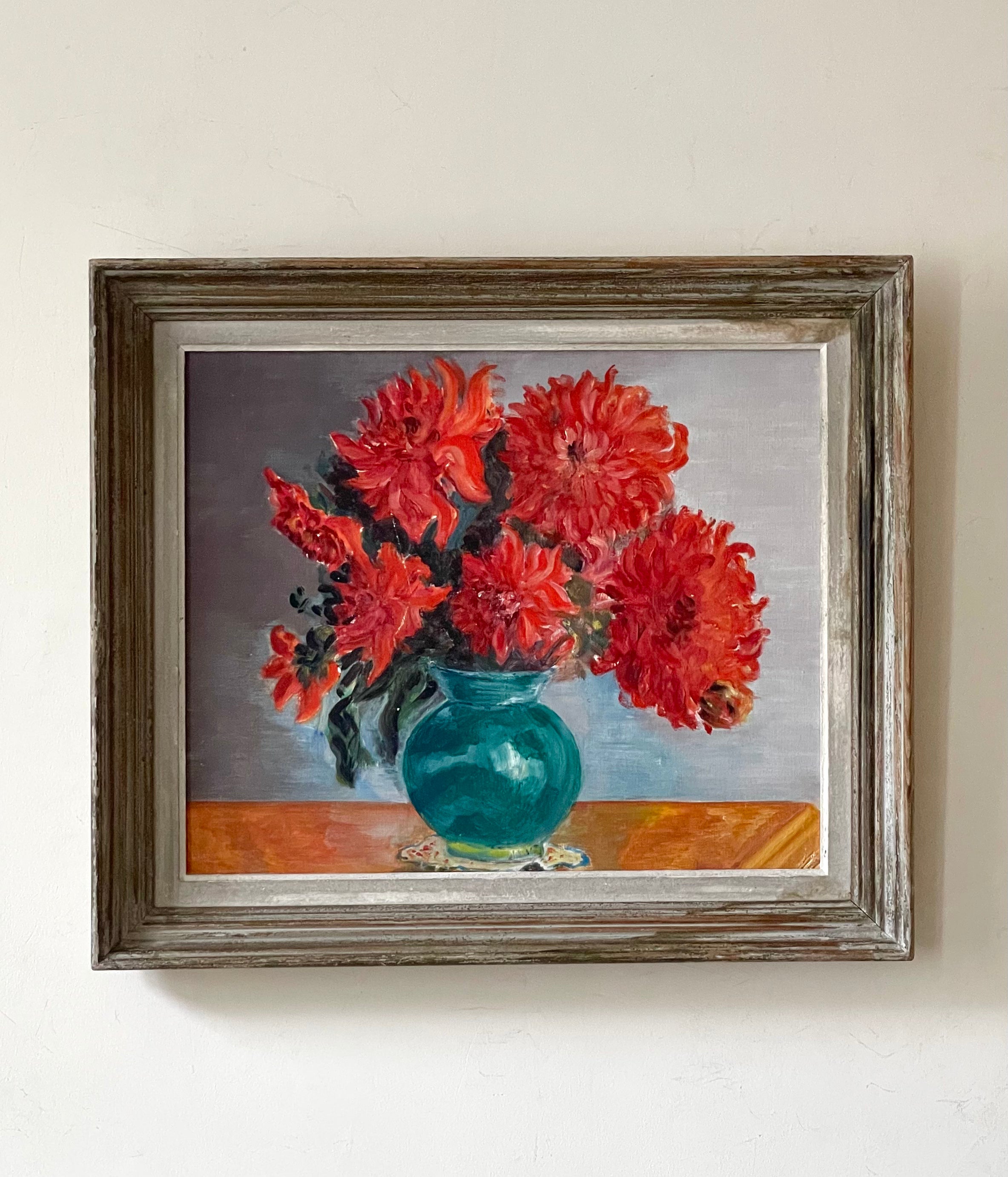 Red Dahlias in Blue Vase.