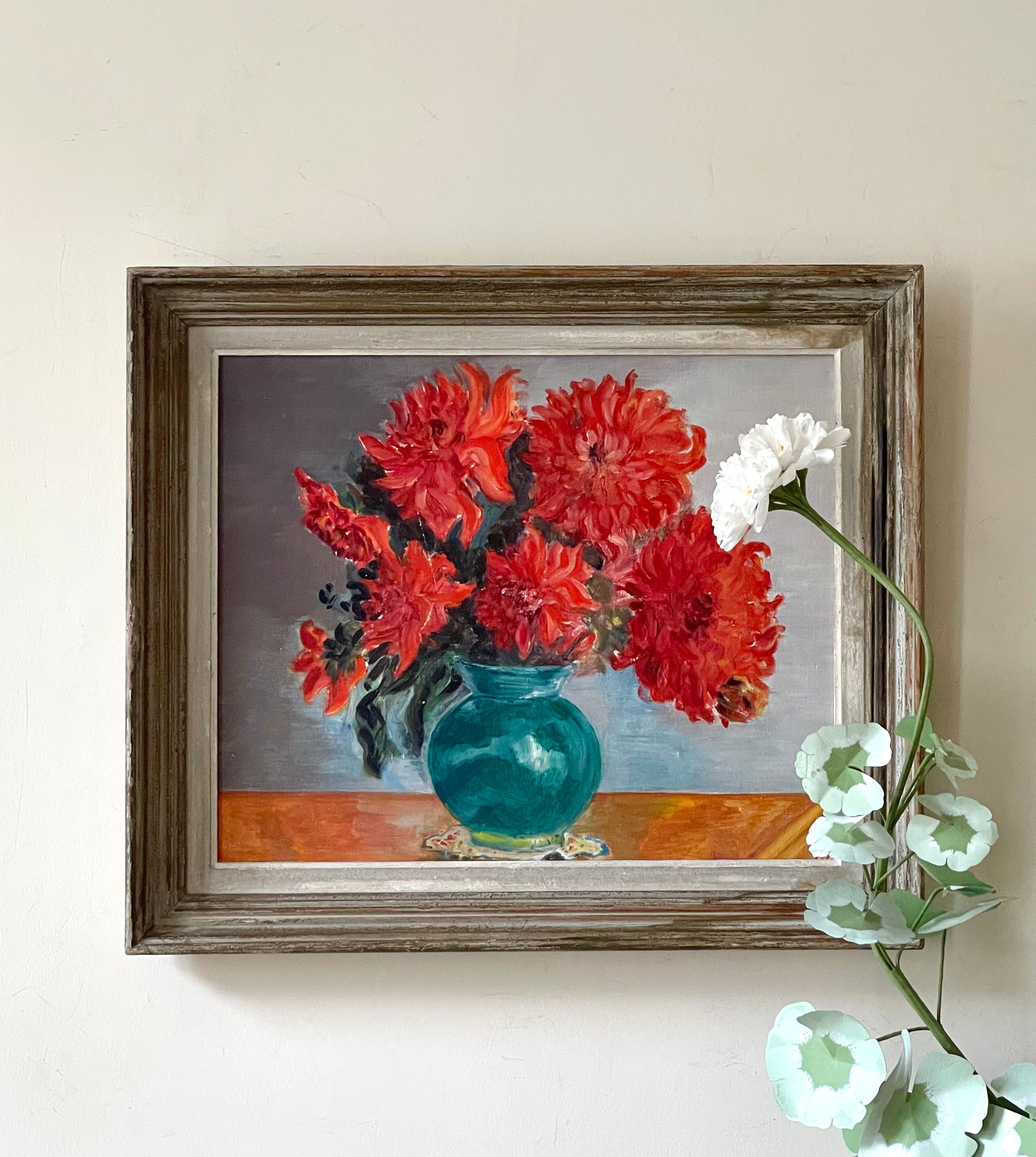 Red Dahlias in Blue Vase.