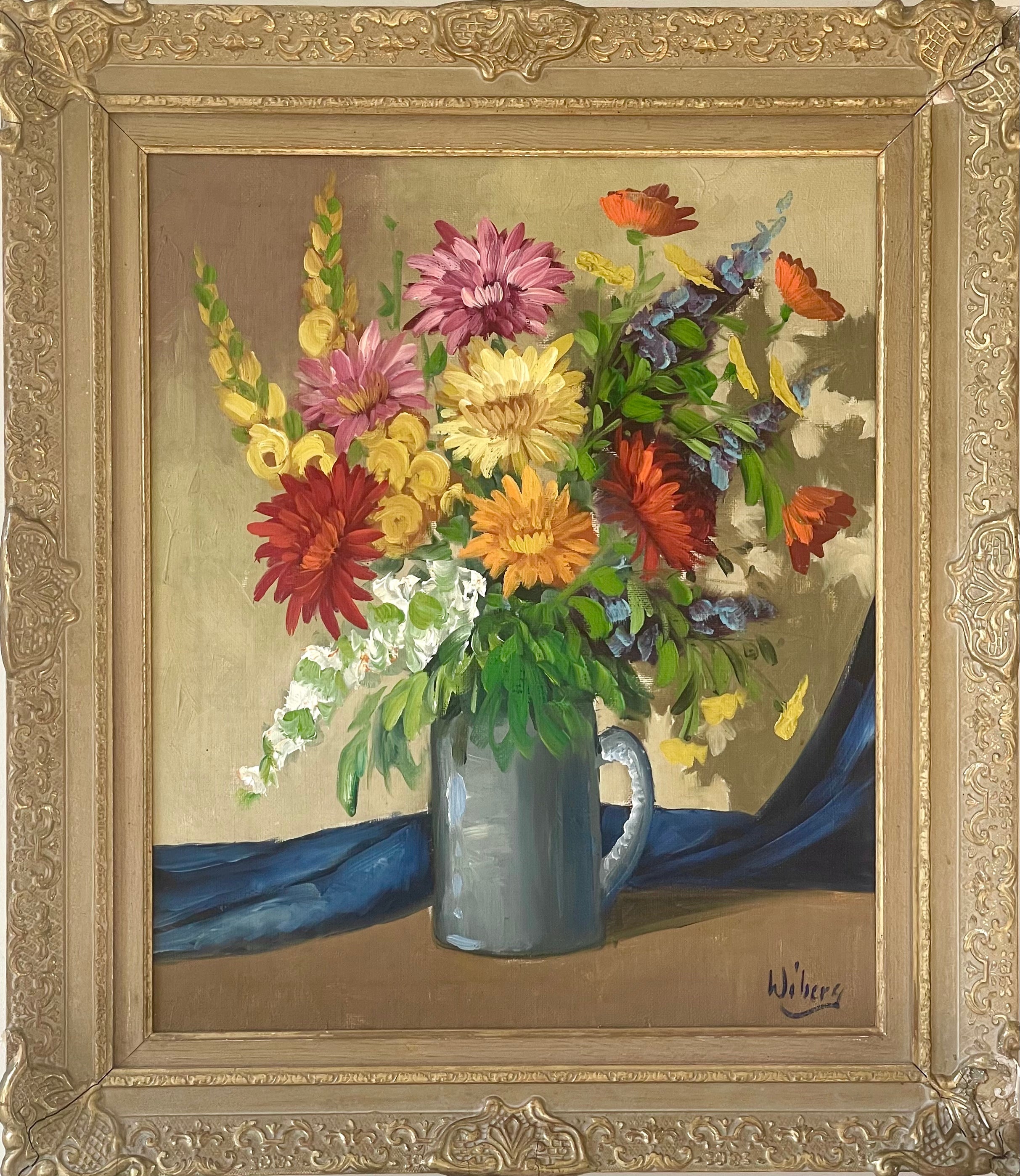 Dahlias in Blue-Green Vase