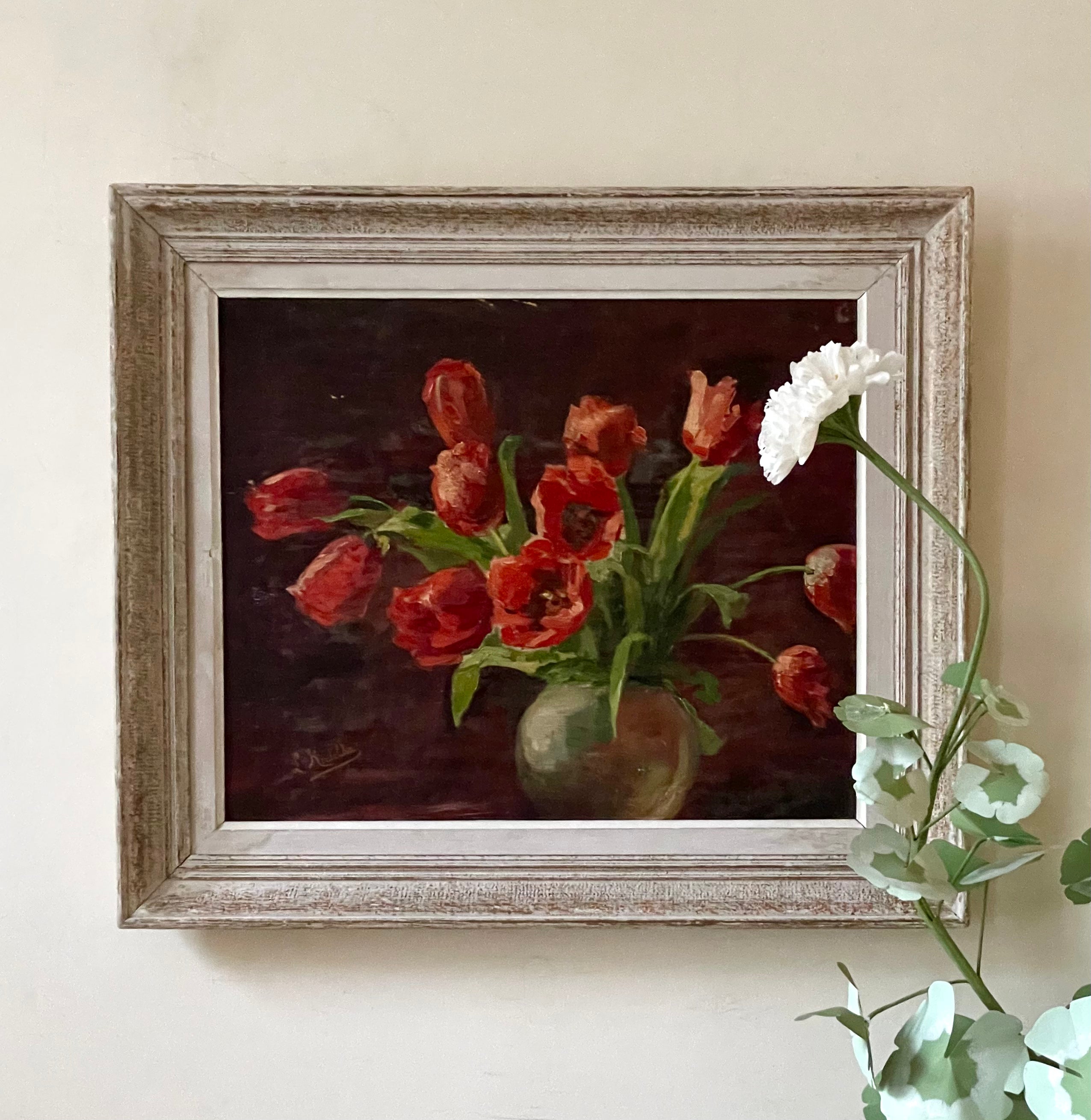 Red Tulips in a Pottery Vase