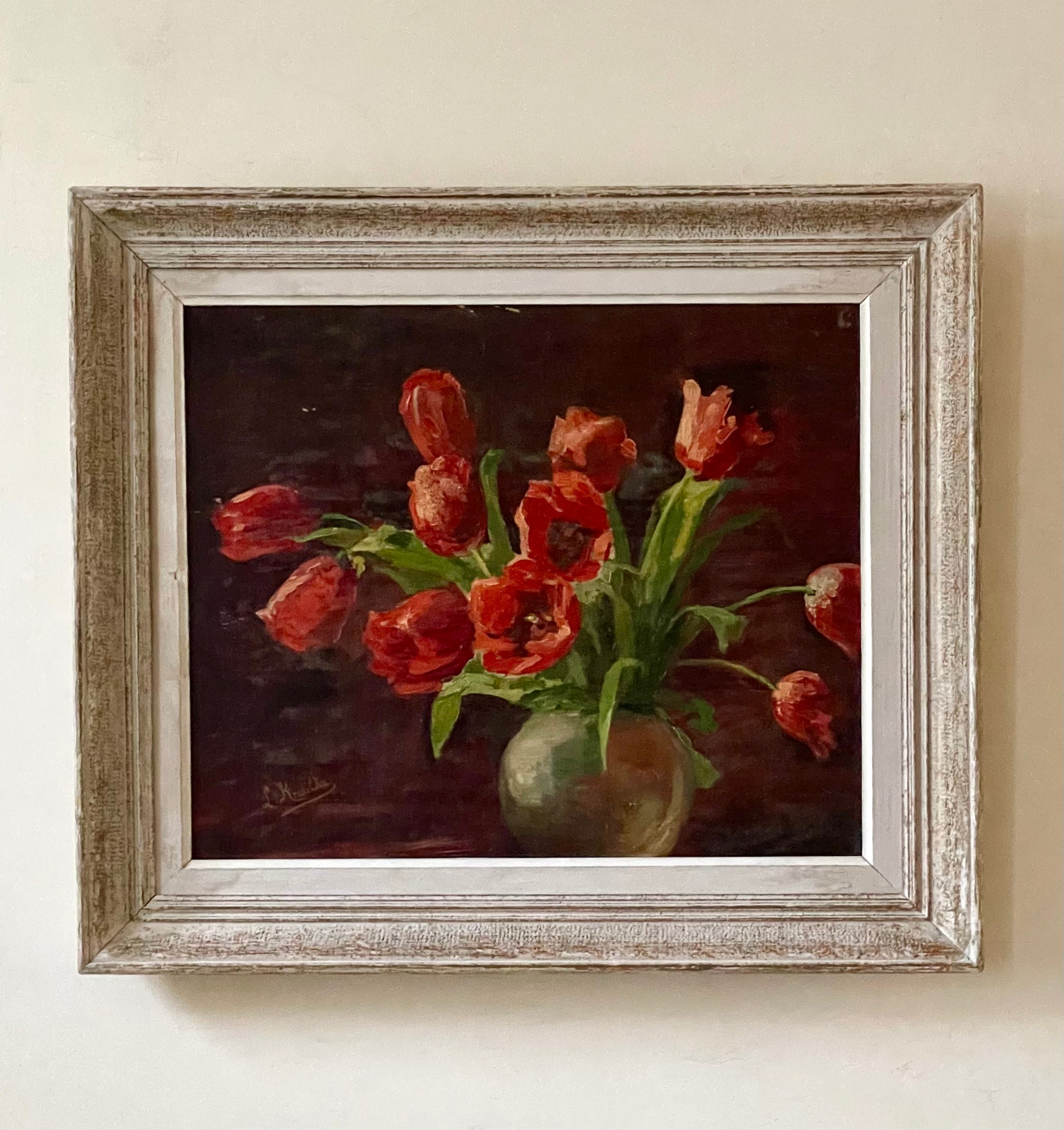 Red Tulips in a Pottery Vase