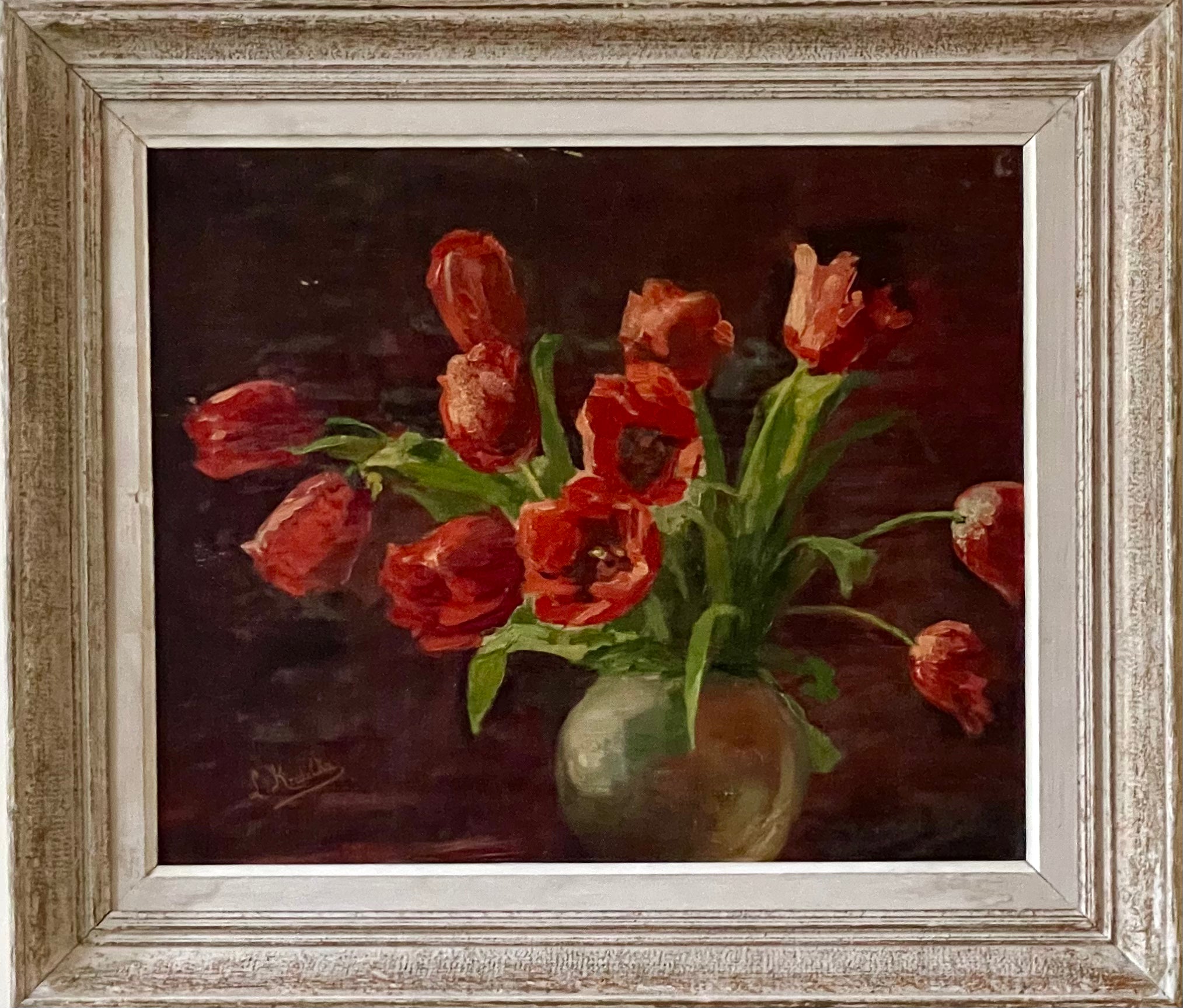 Red Tulips in a Pottery Vase