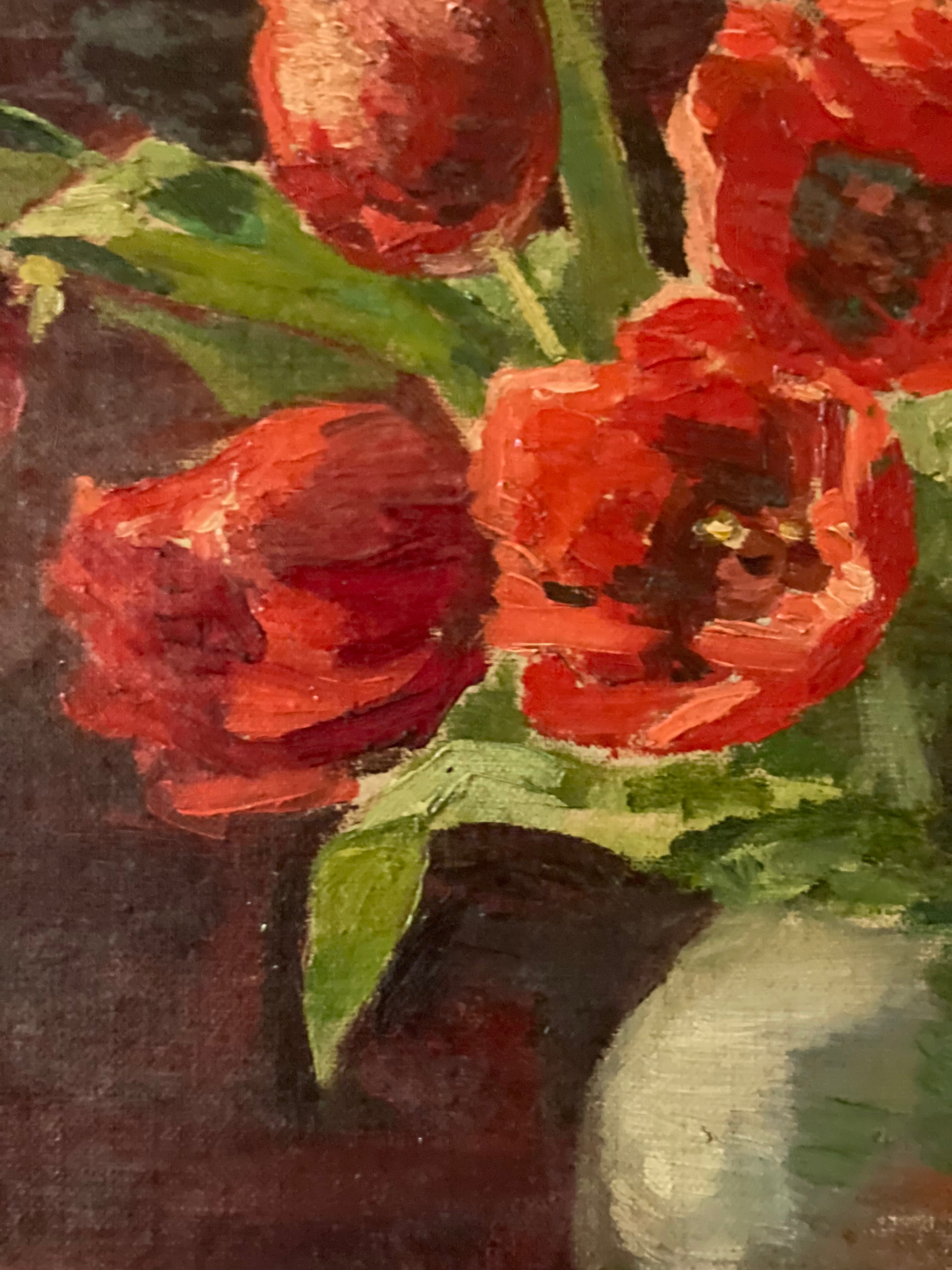 Red Tulips in a Pottery Vase