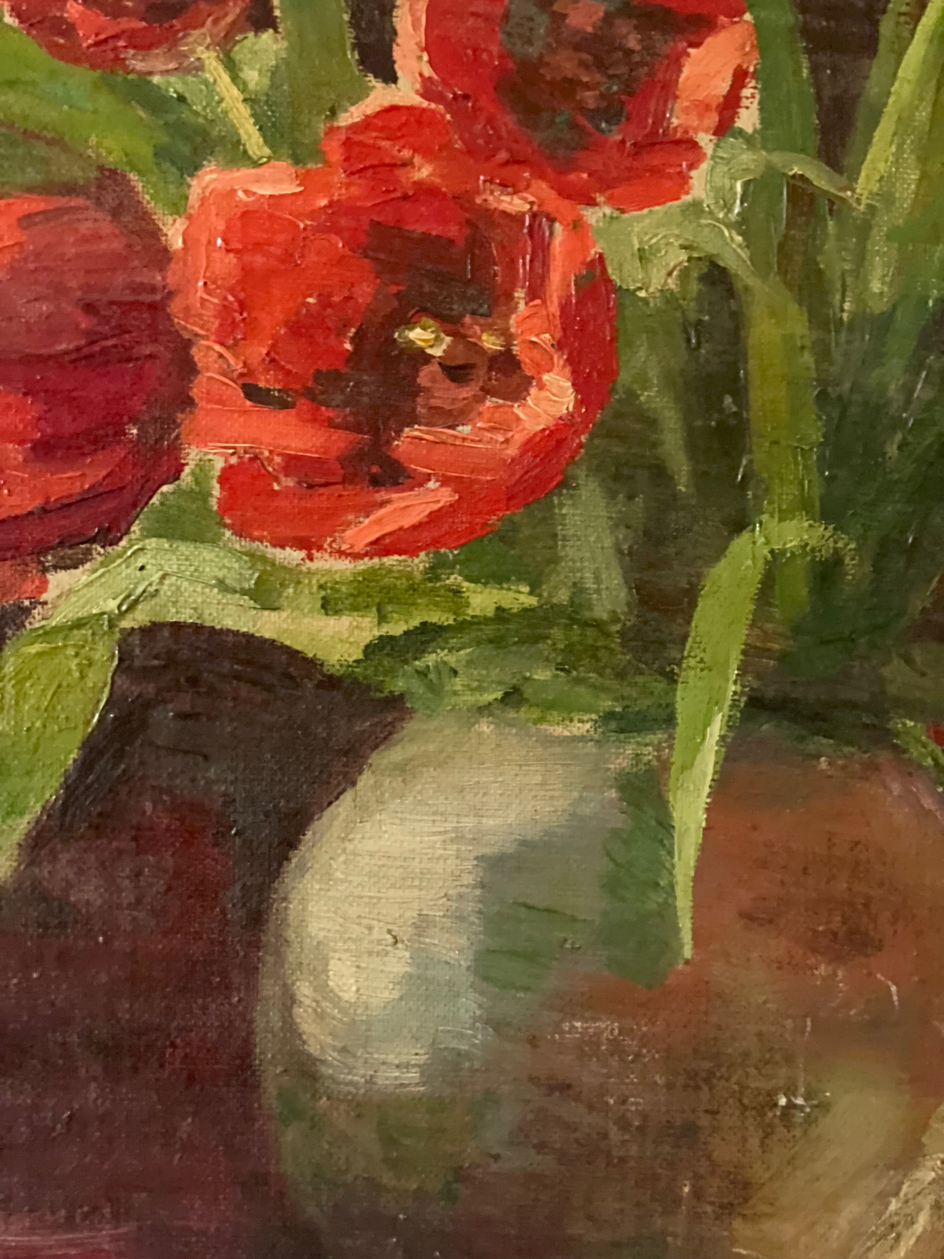 Red Tulips in a Pottery Vase