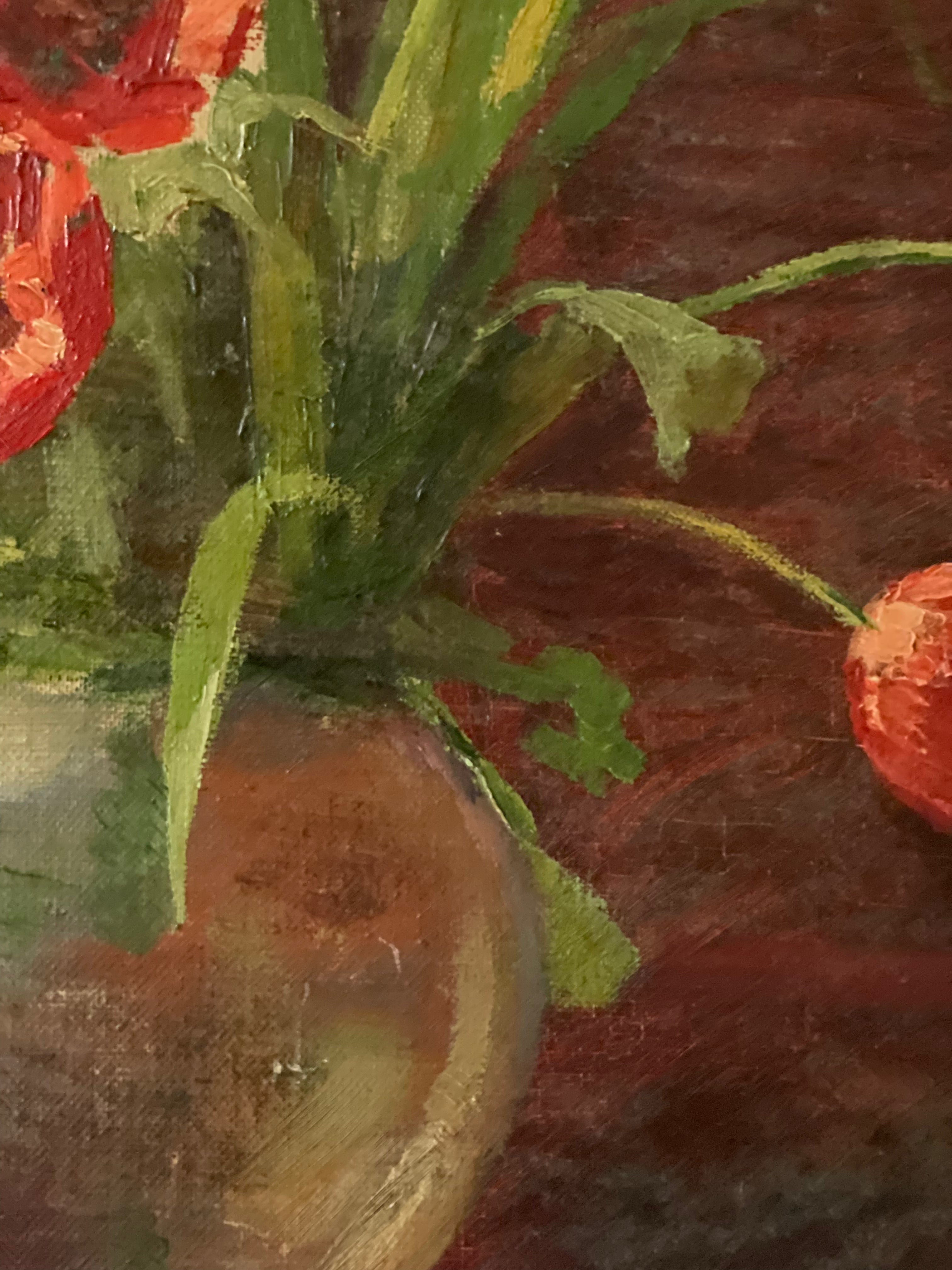 Red Tulips in a Pottery Vase