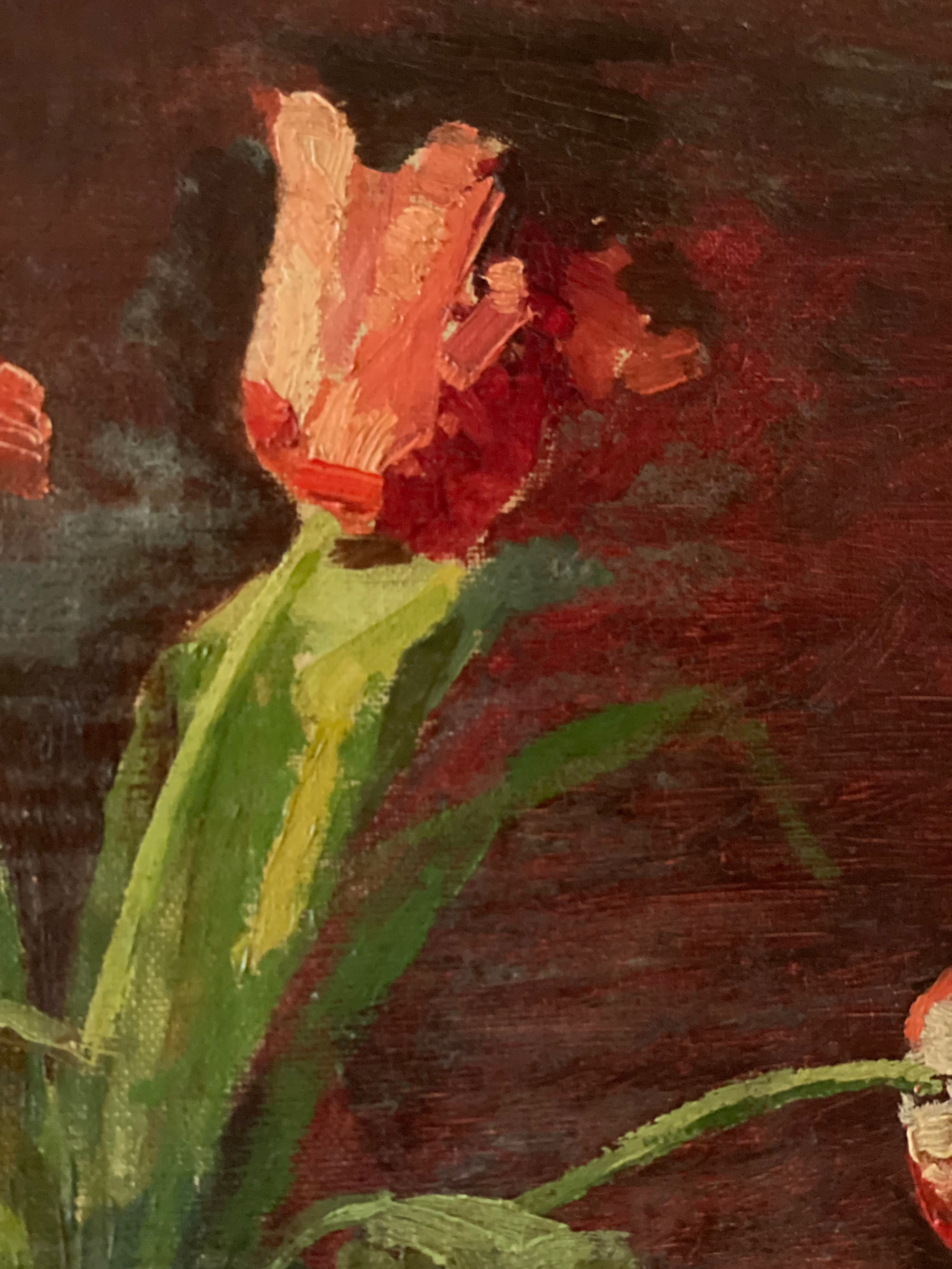 Red Tulips in a Pottery Vase