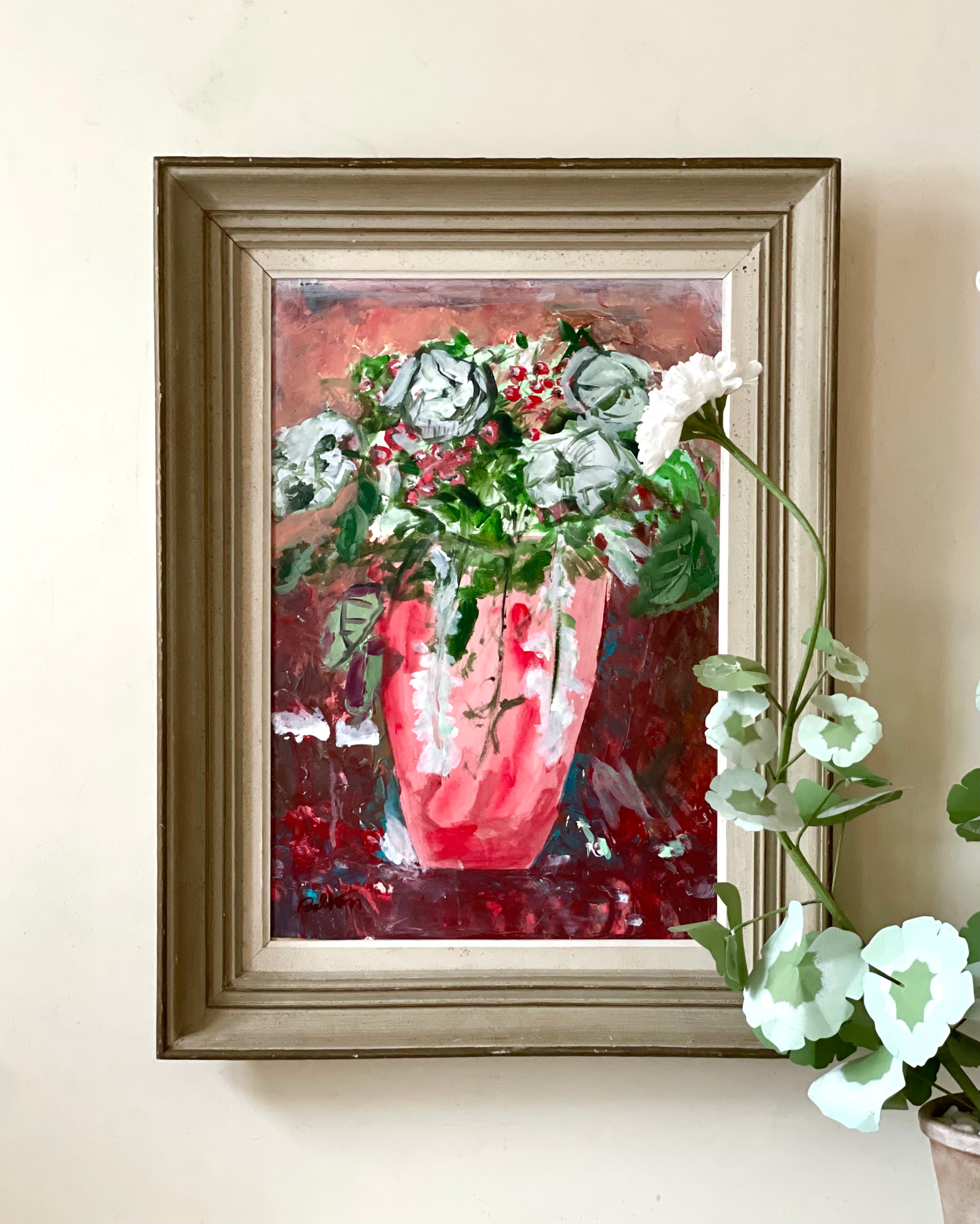 White Roses in Red Vase