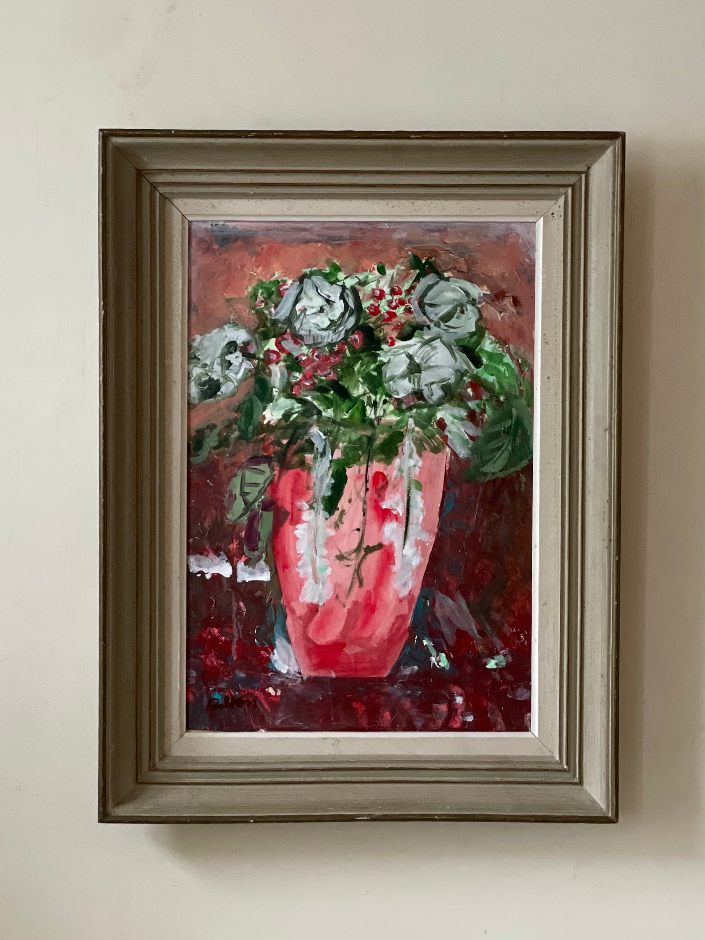 White Roses in Red Vase