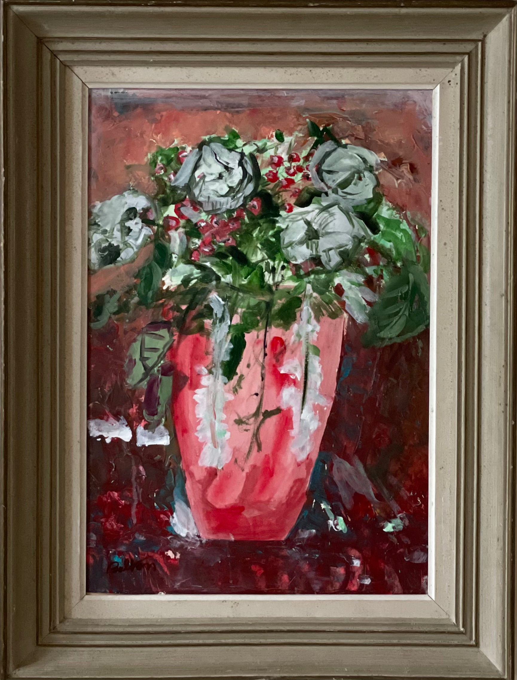 White Roses in Red Vase