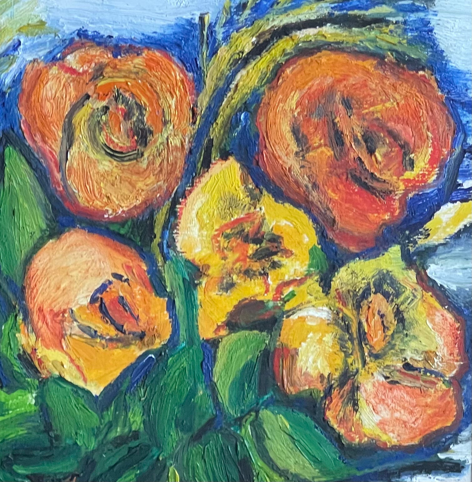 Orange Roses on Blue