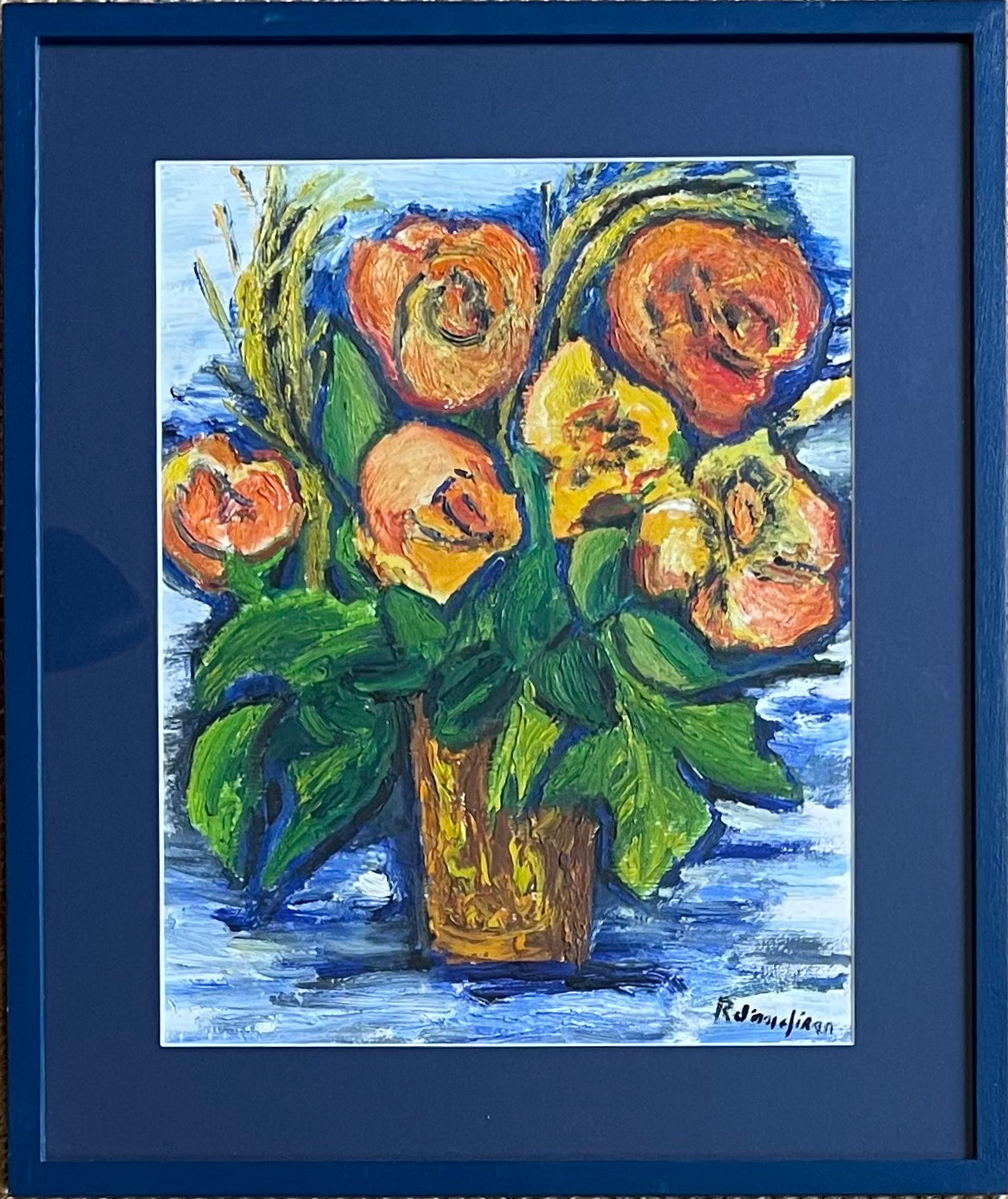 Orange Roses on Blue